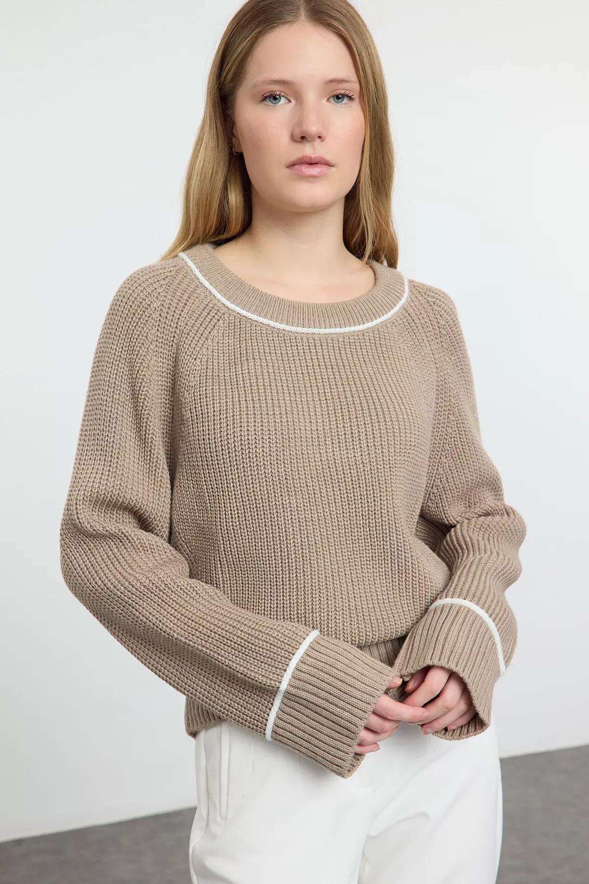 Brown Piping Detailed Knit Sweater, Mink, large image number 1