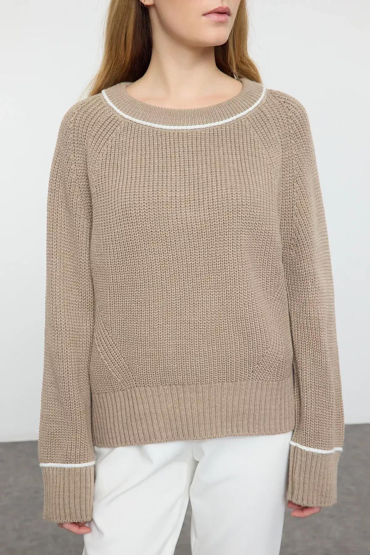 Brown Piping Detailed Knit Sweater, Mink, large image number 2