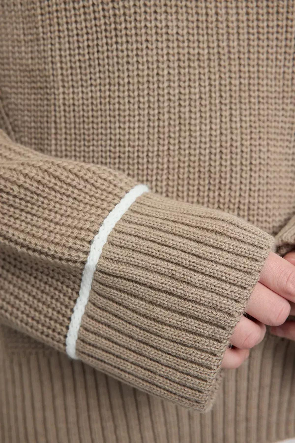 Brown Piping Detailed Knit Sweater, Mink, large image number 3