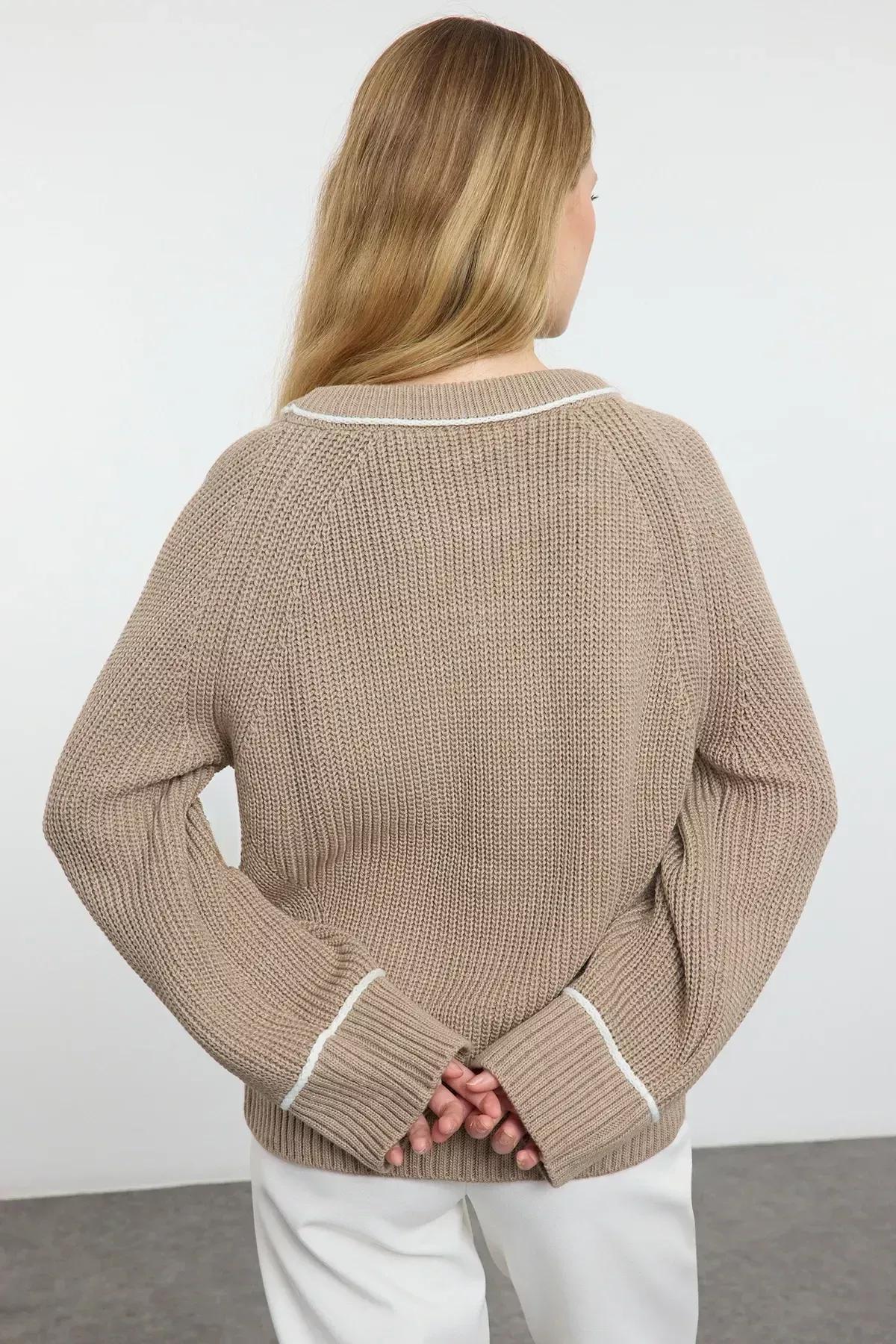 Brown Piping Detailed Knit Sweater, Mink, large image number 4