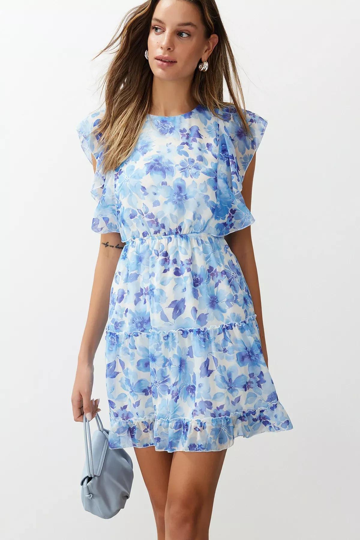 Blue  Floral Waist Ruffle Mini Dress, C101_5645, large image number 0