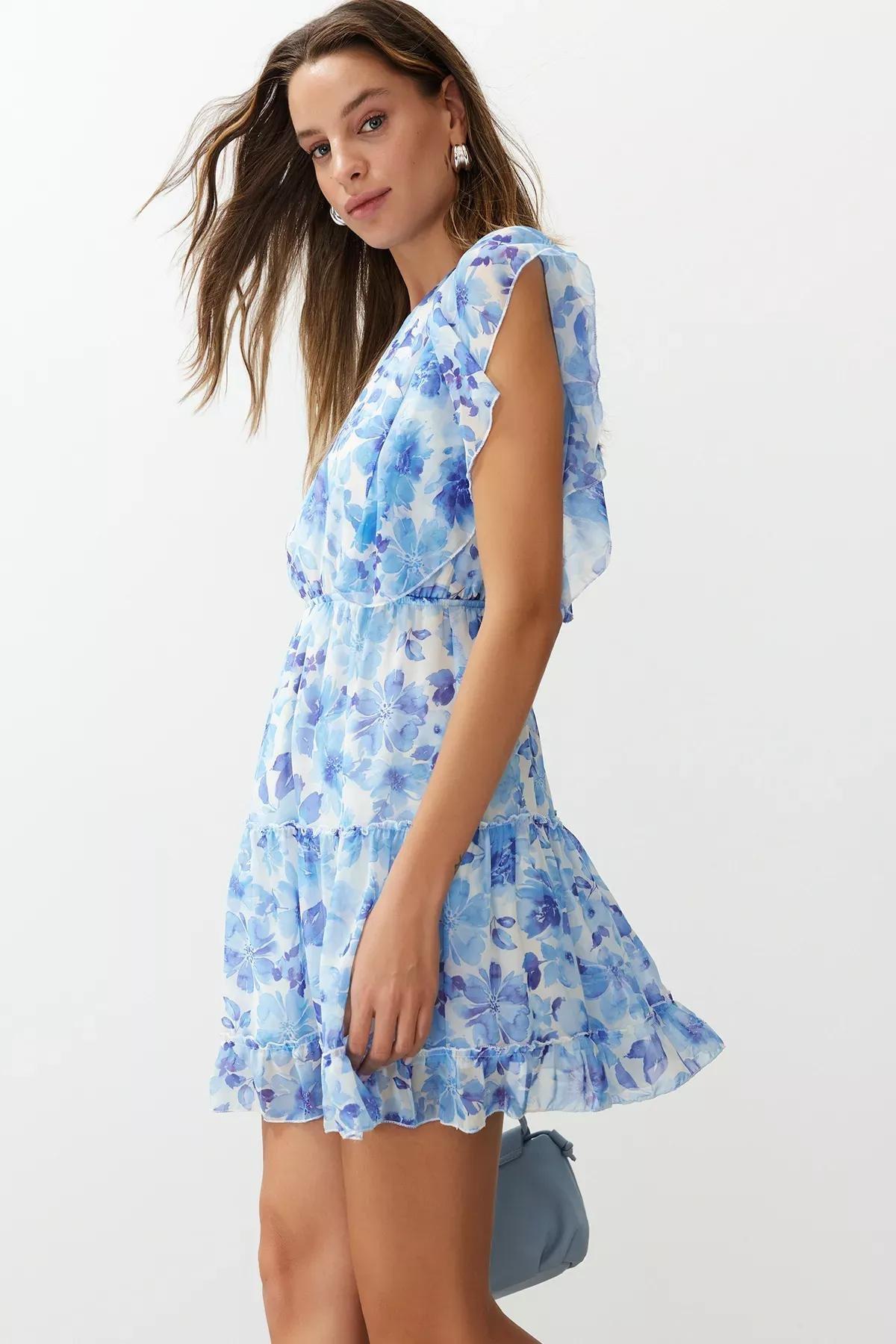 Blue  Floral Waist Ruffle Mini Dress, C101_5645, large image number 1
