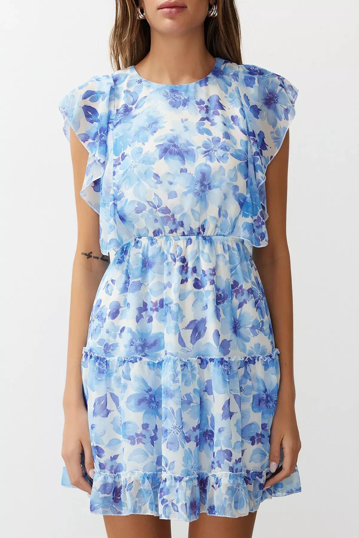 Blue  Floral Waist Ruffle Mini Dress, C101_5645, large image number 3