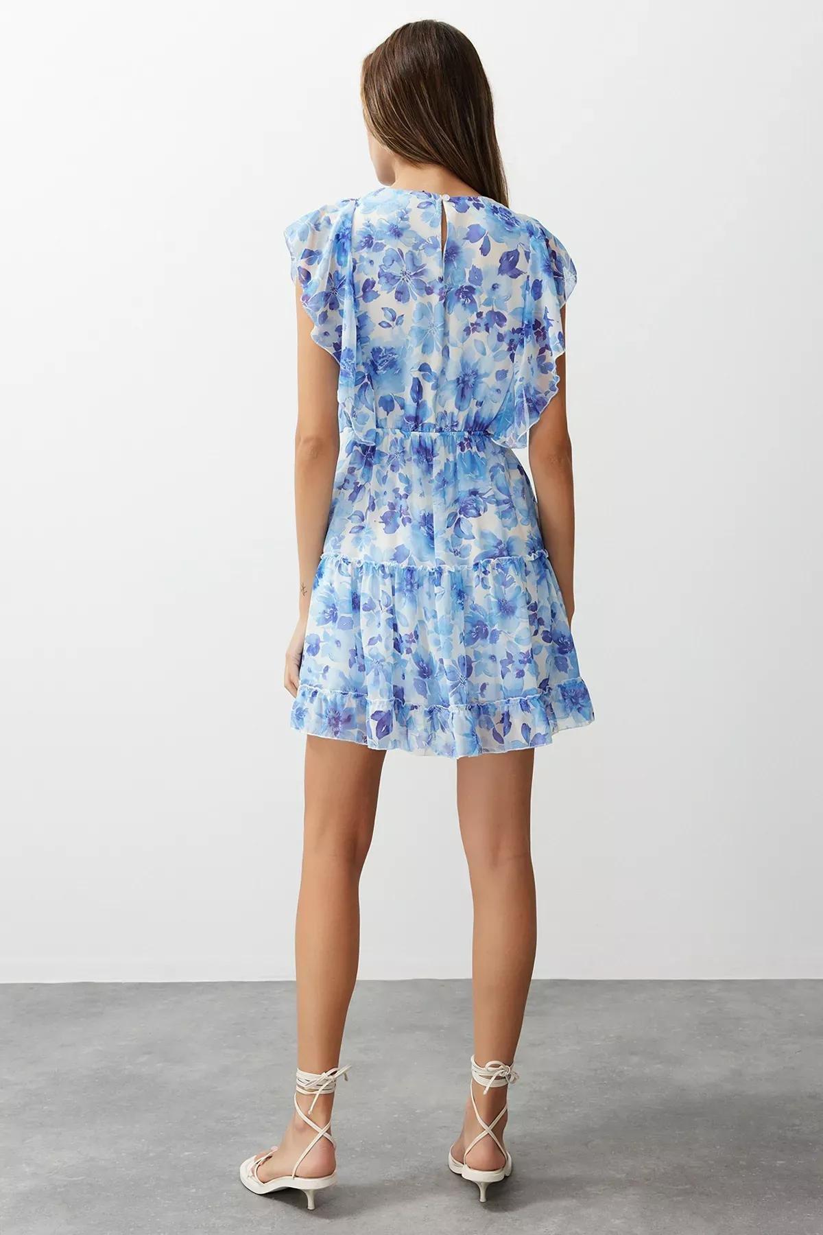 Blue  Floral Waist Ruffle Mini Dress, C101_5645, large image number 4