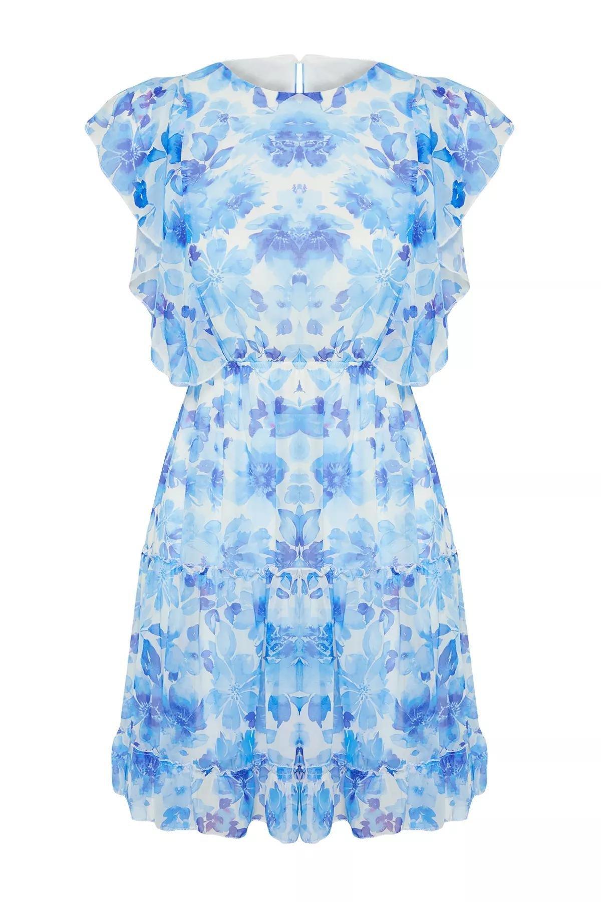 Blue  Floral Waist Ruffle Mini Dress, C101_5645, large image number 5