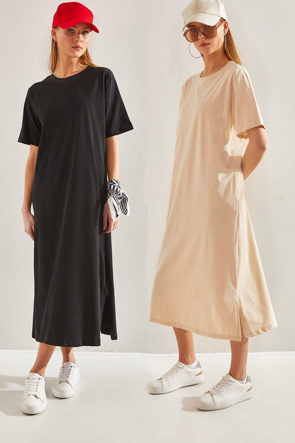 Womens Double Basic Dress, single, Stone-Black, large image number 0
