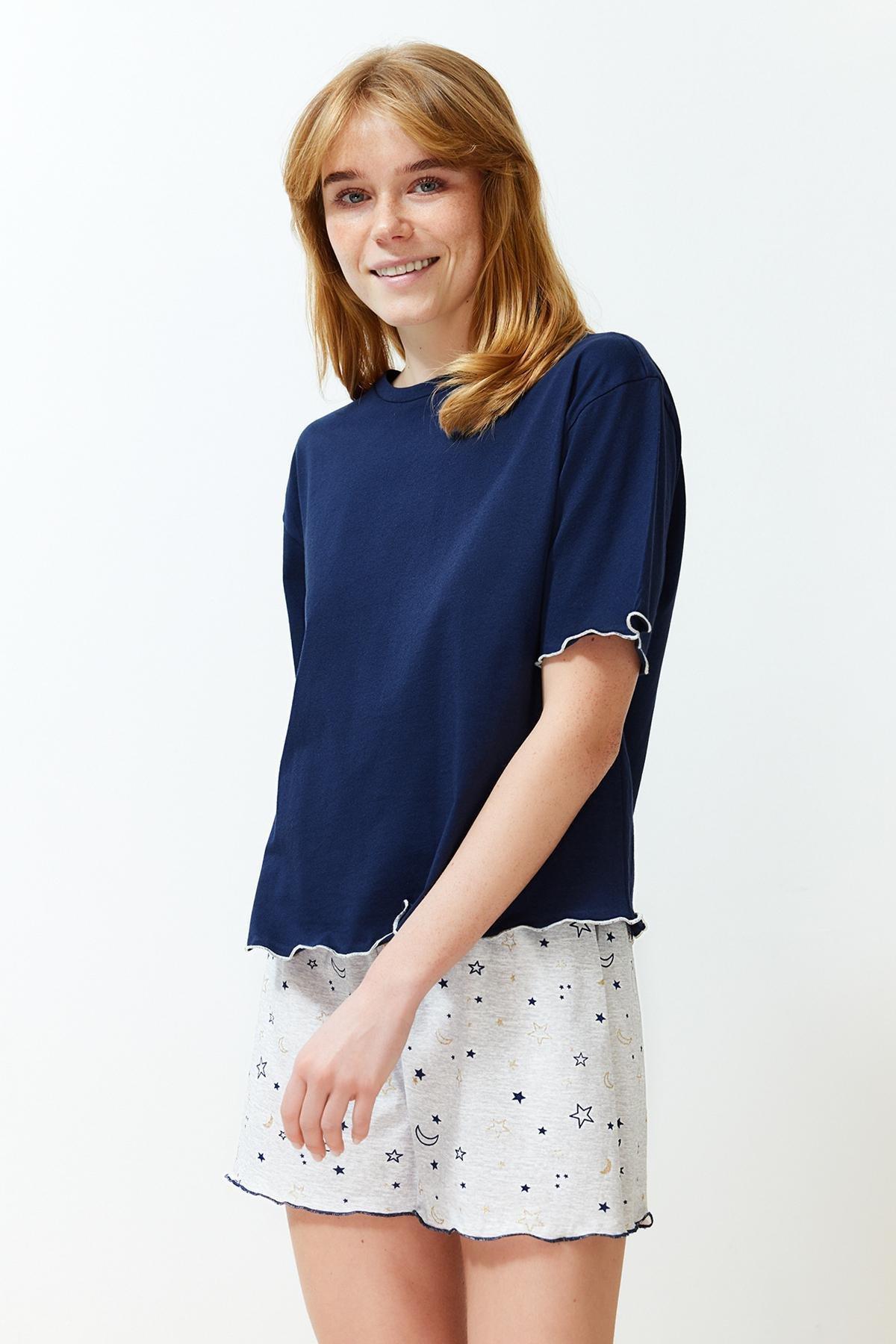Navy Galaxy Patterned Knitted Pyjamas Set, , large image number 0