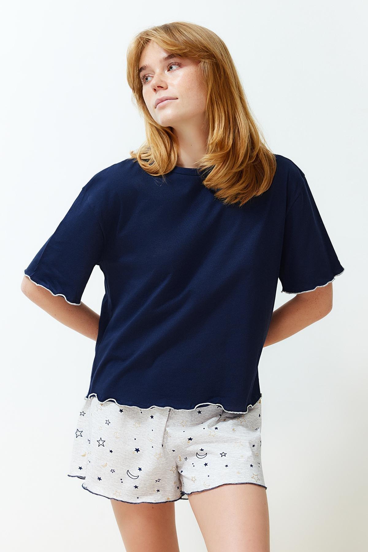 Navy Galaxy Patterned Knitted Pyjamas Set, , large image number 1