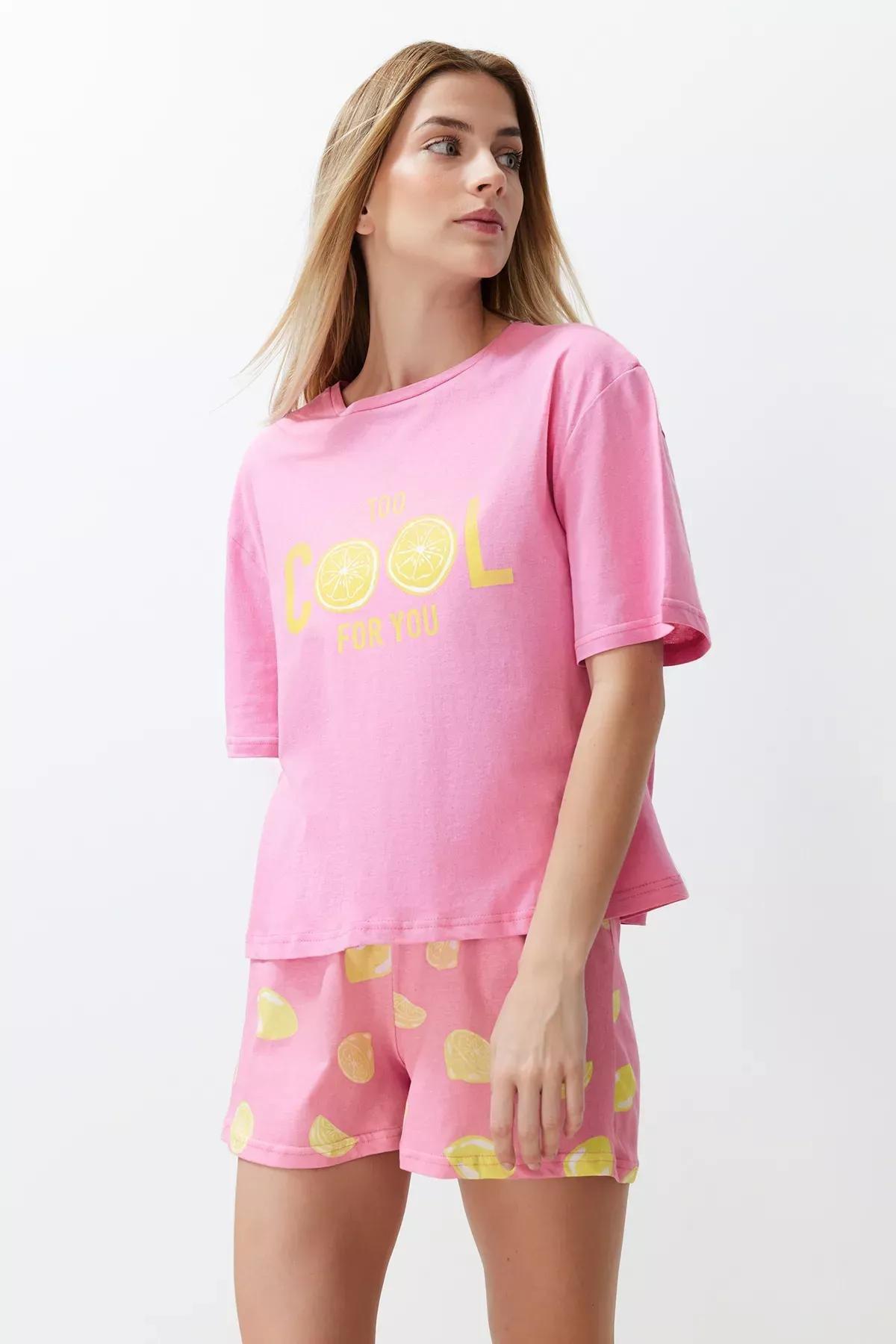 Pink Printed Knitted Pyjamas Set, Pink, large image number 1
