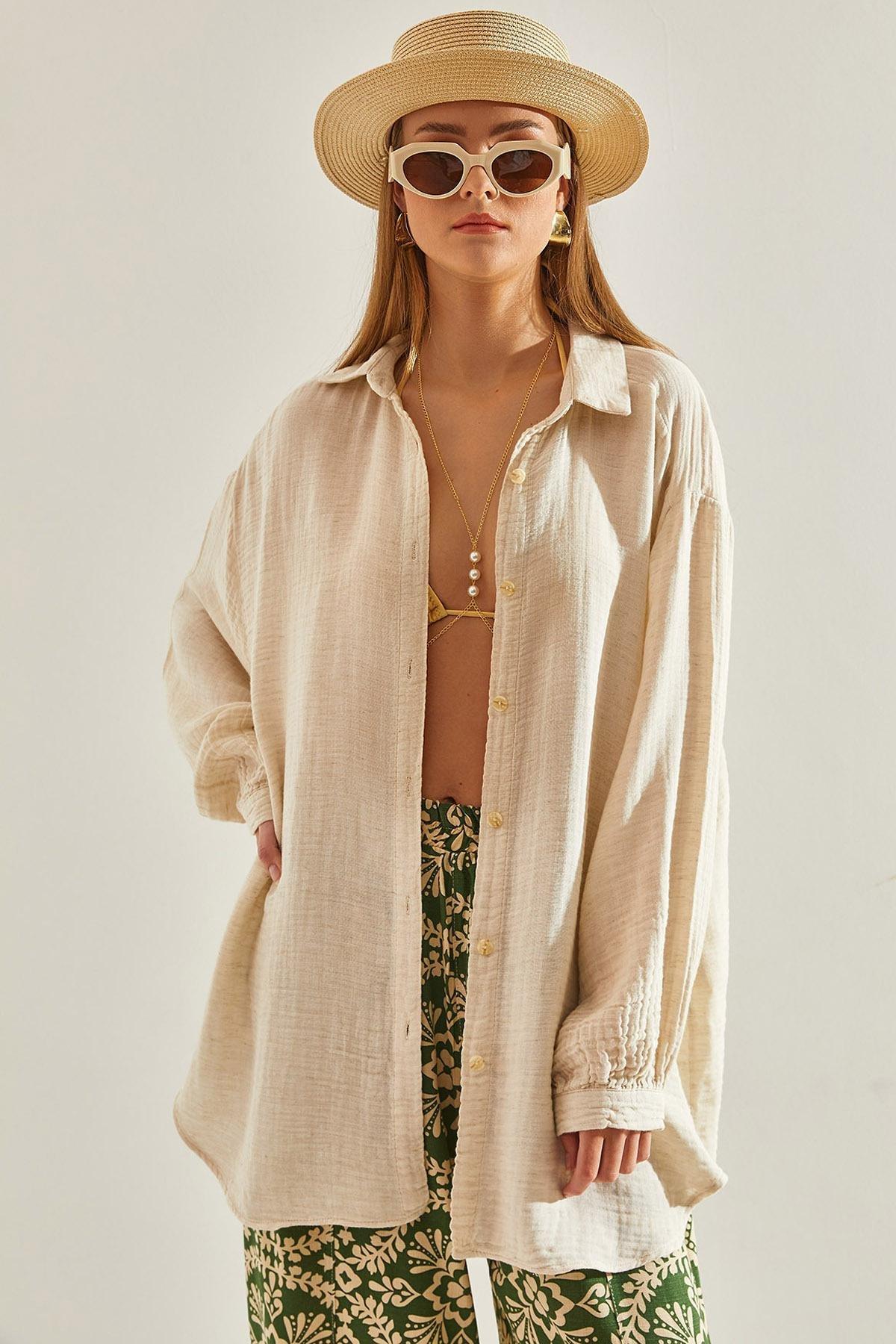 Cream Basic Loose Shirt, , large image number 0