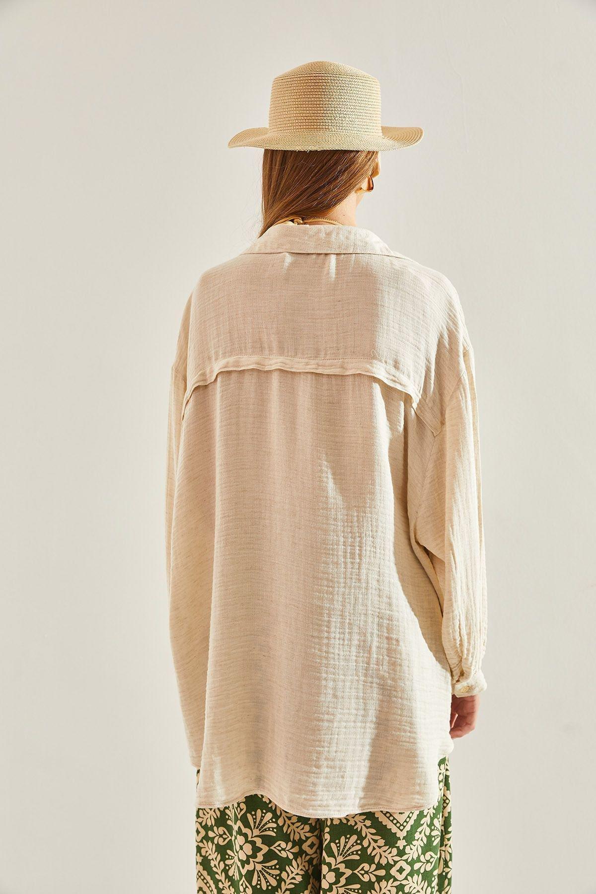 Cream Basic Loose Shirt, , large image number 1
