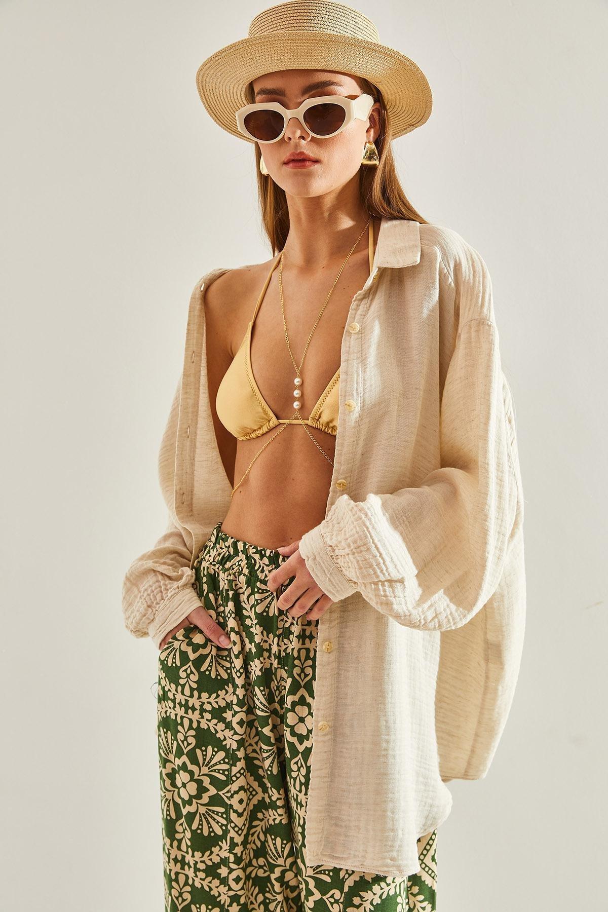 Cream Basic Loose Shirt, , large image number 3