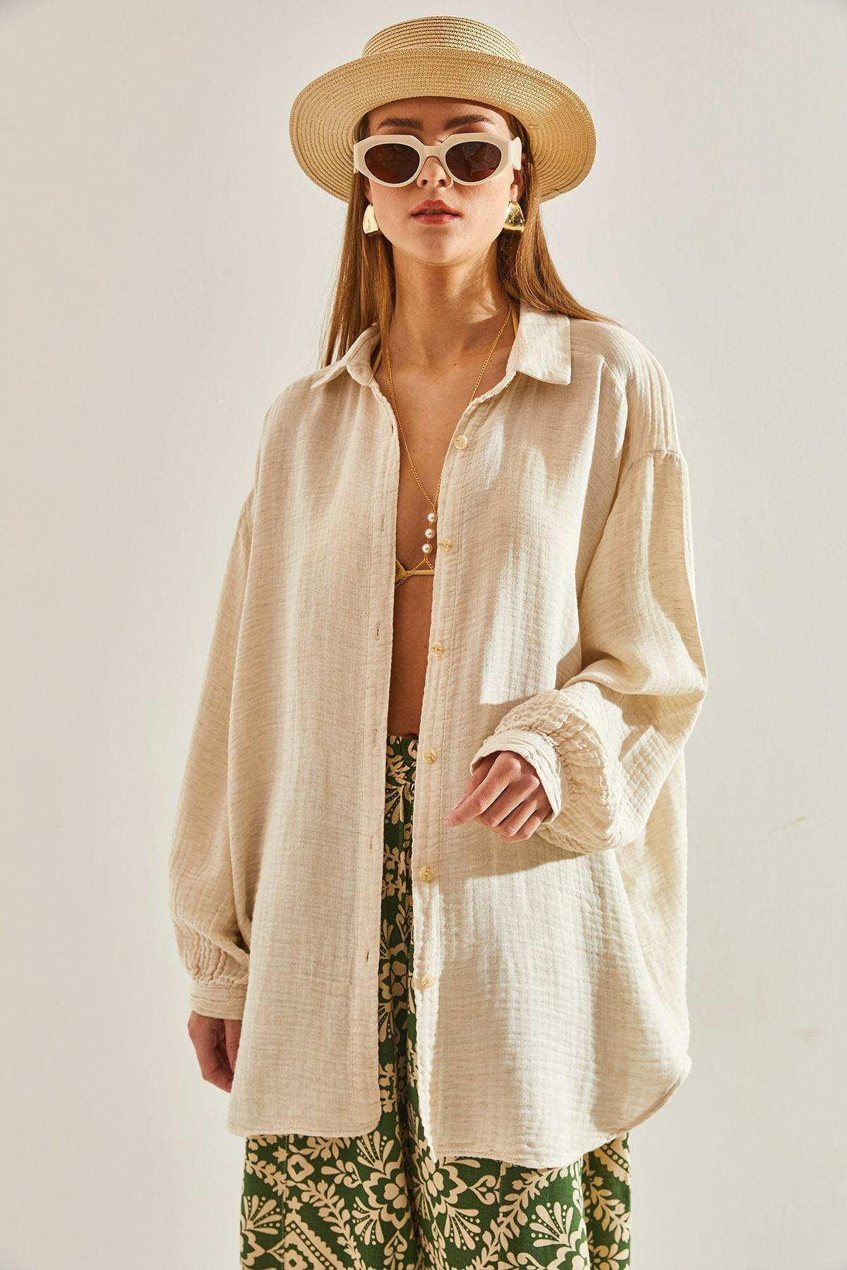 Cream Basic Loose Shirt, , large image number 5