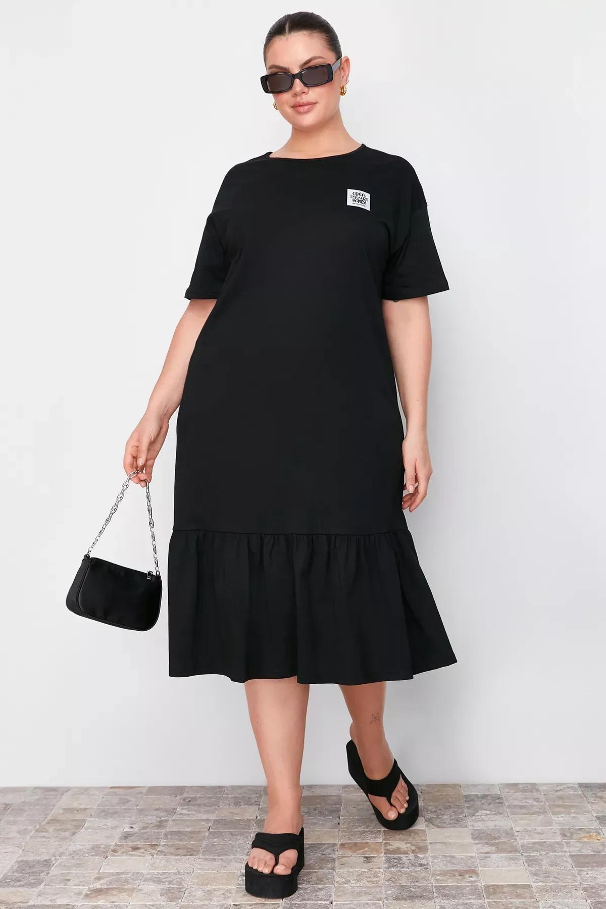 Black Gathered Detailed Cotton Knitted Dress, C101_5720, large image number 0