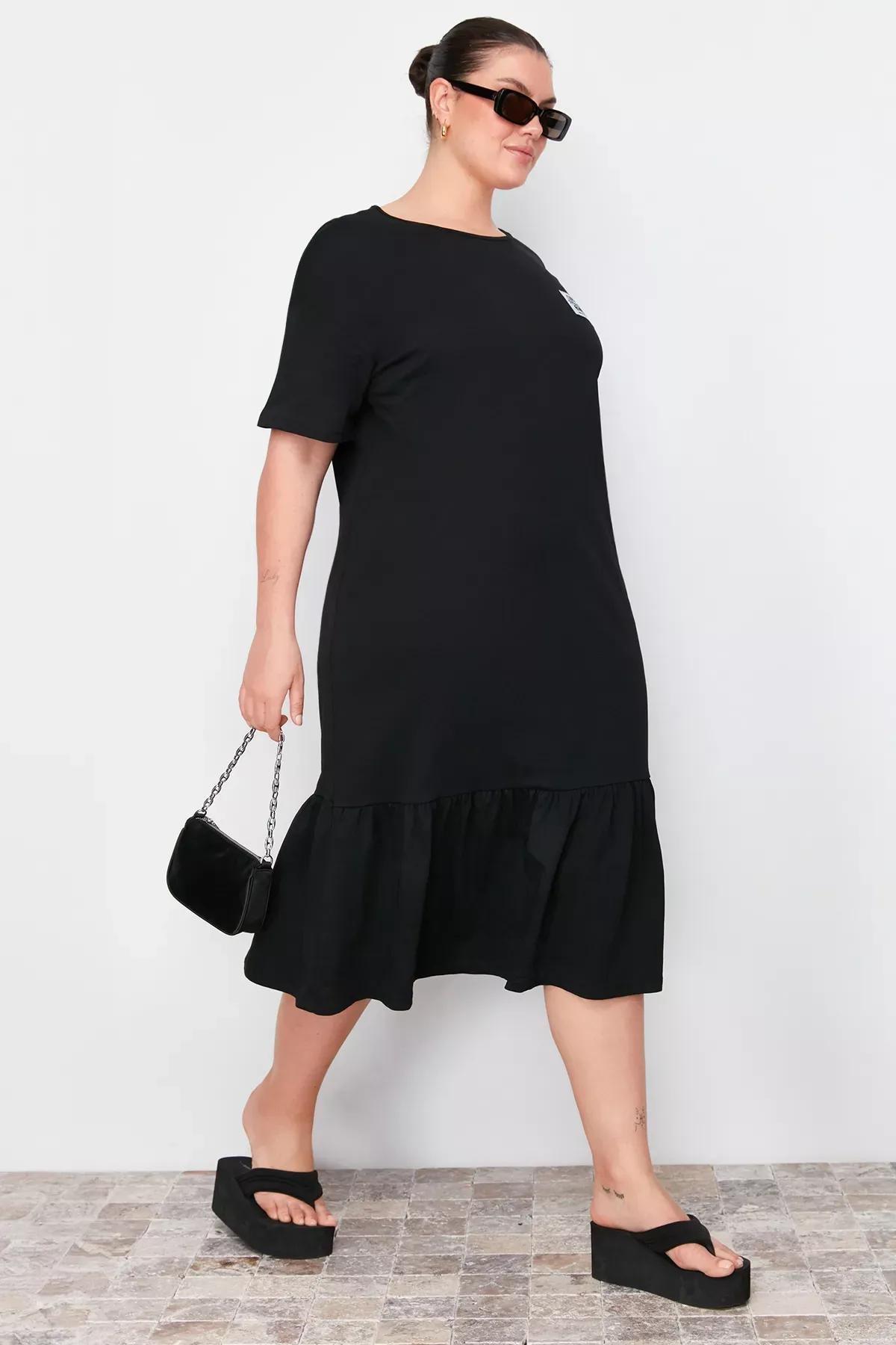 Black Gathered Detailed Cotton Knitted Dress, C101_5720, large image number 1