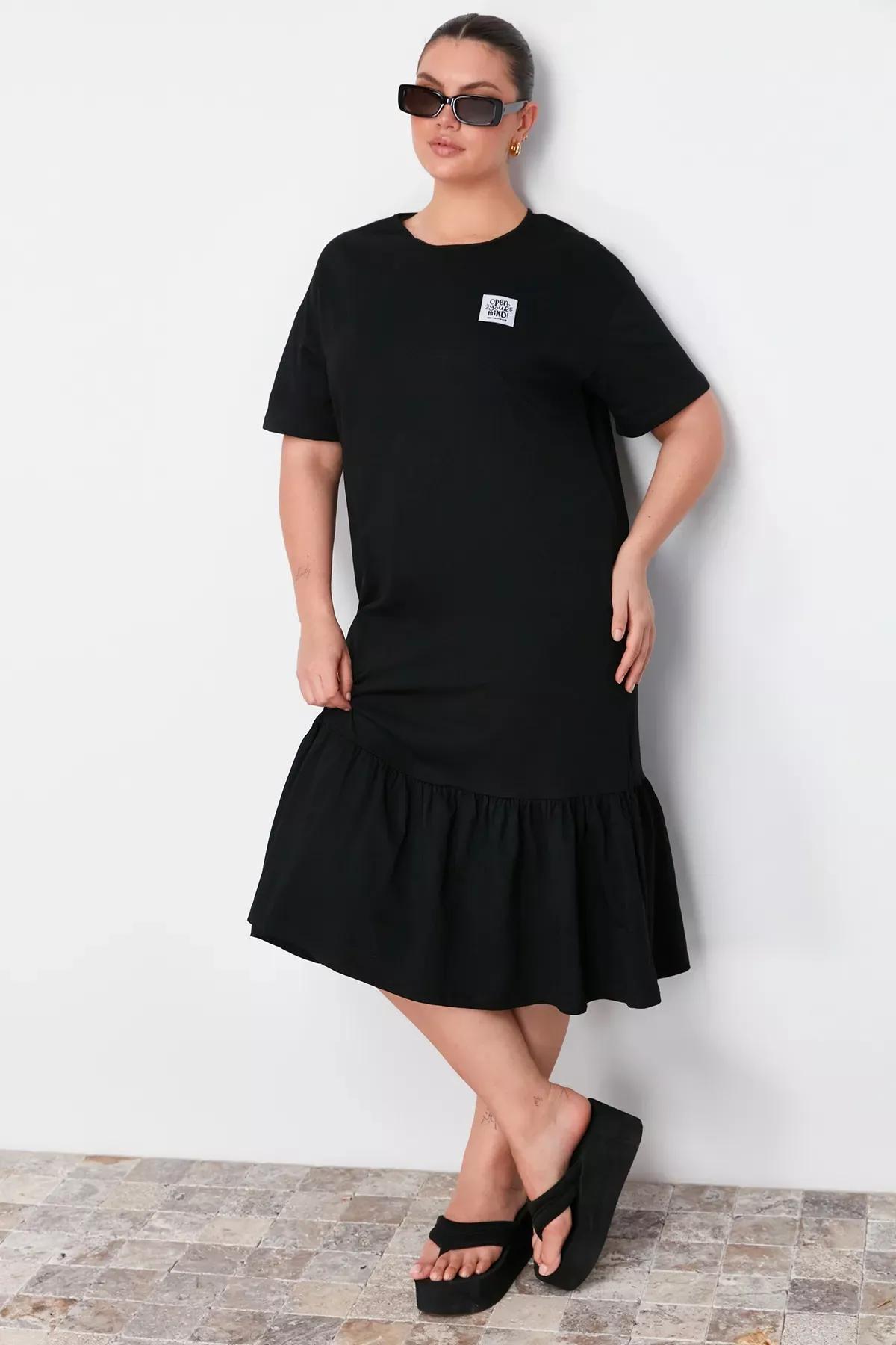 Black Gathered Detailed Cotton Knitted Dress, C101_5720, large image number 2