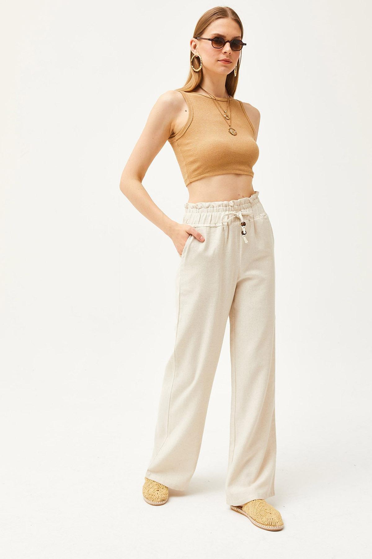 Beige Pocket Elastic Waist Linen Trousers, , large image number 1