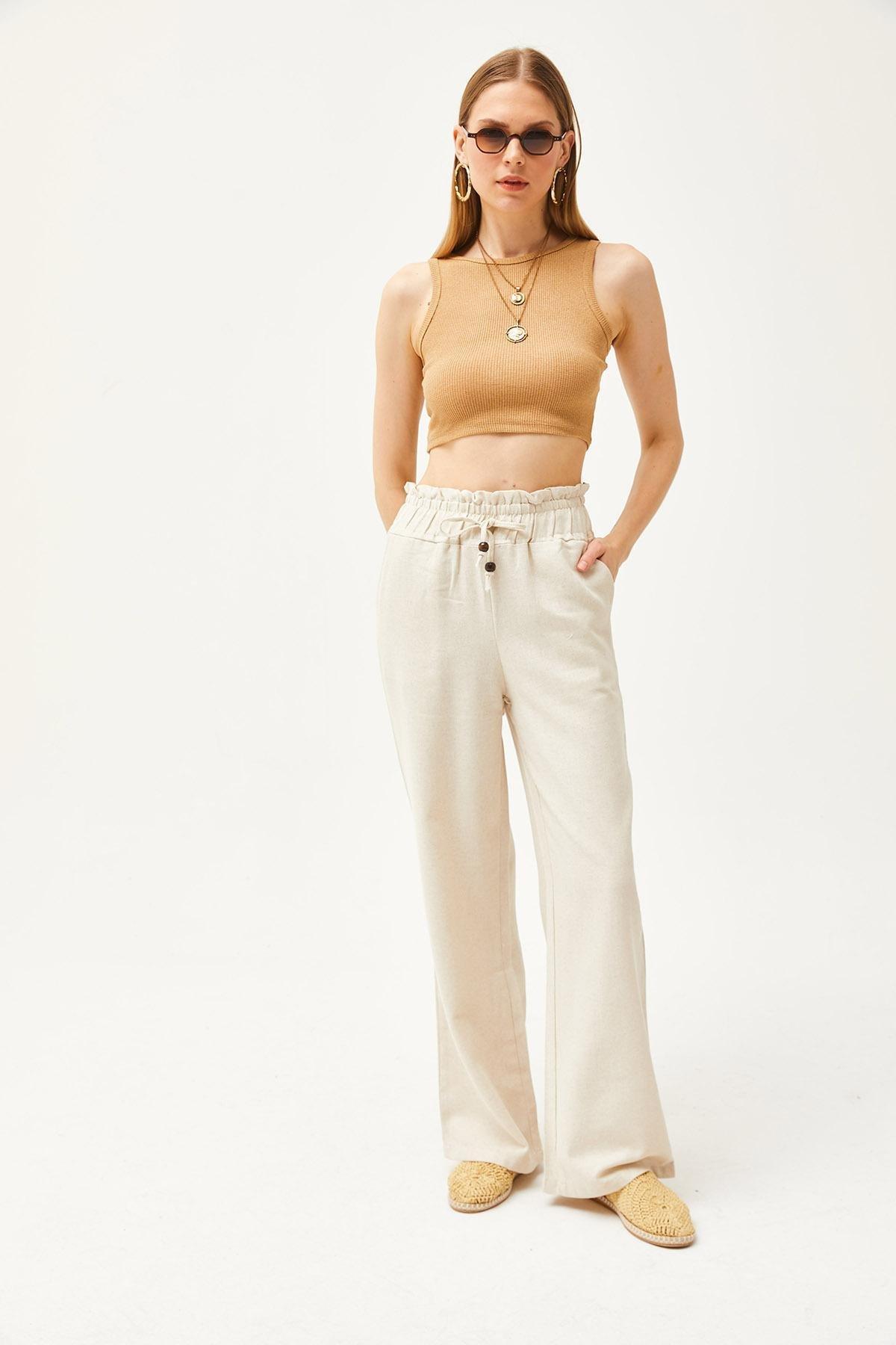 Beige Pocket Elastic Waist Linen Trousers, , large image number 2