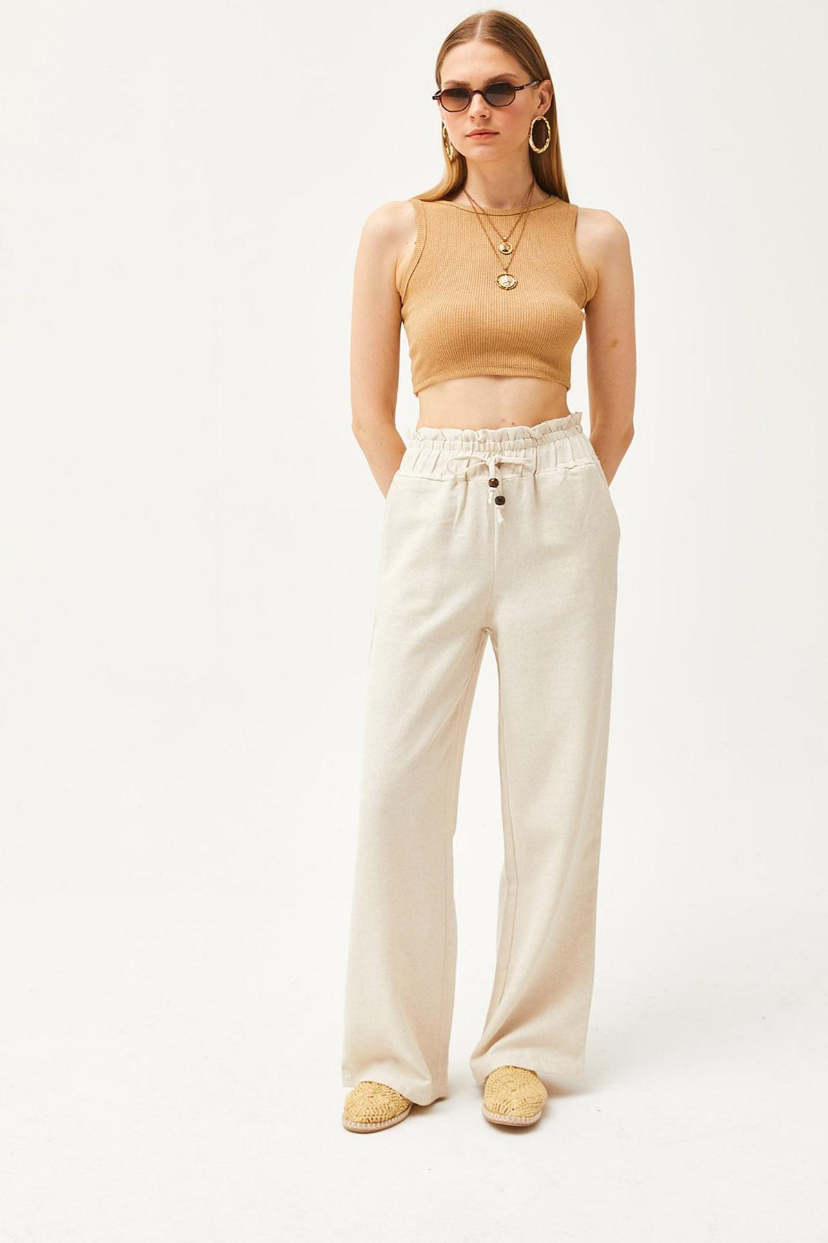 Beige Pocket Elastic Waist Linen Trousers, , large image number 3