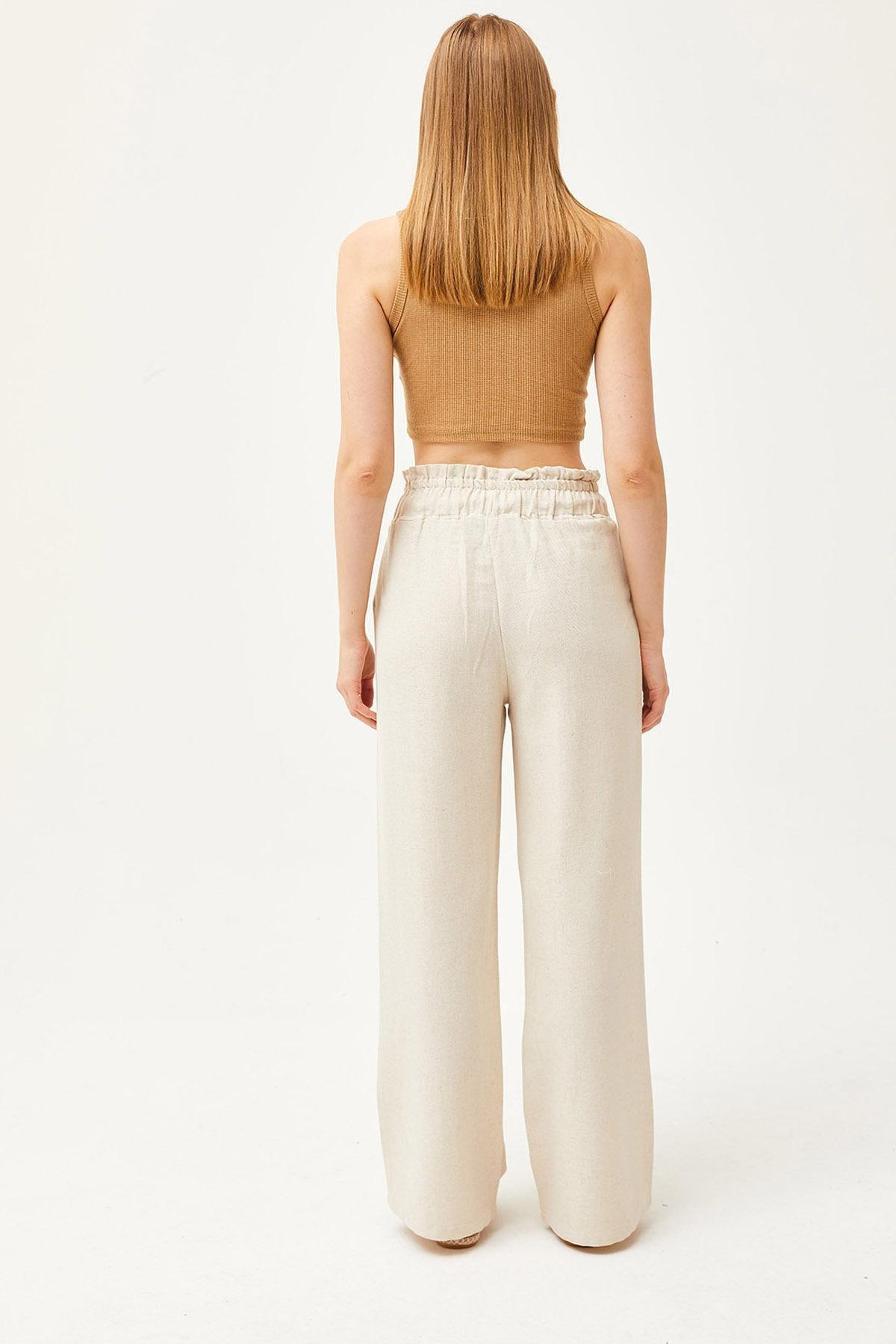 Beige Pocket Elastic Waist Linen Trousers, , large image number 4