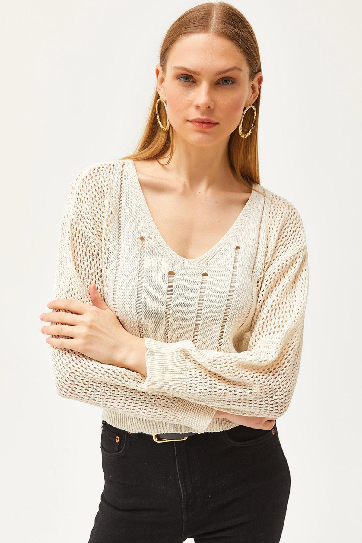 Ecru V-Neck Striped Openwork Knitwear Blouse, Ecru, large image number 0
