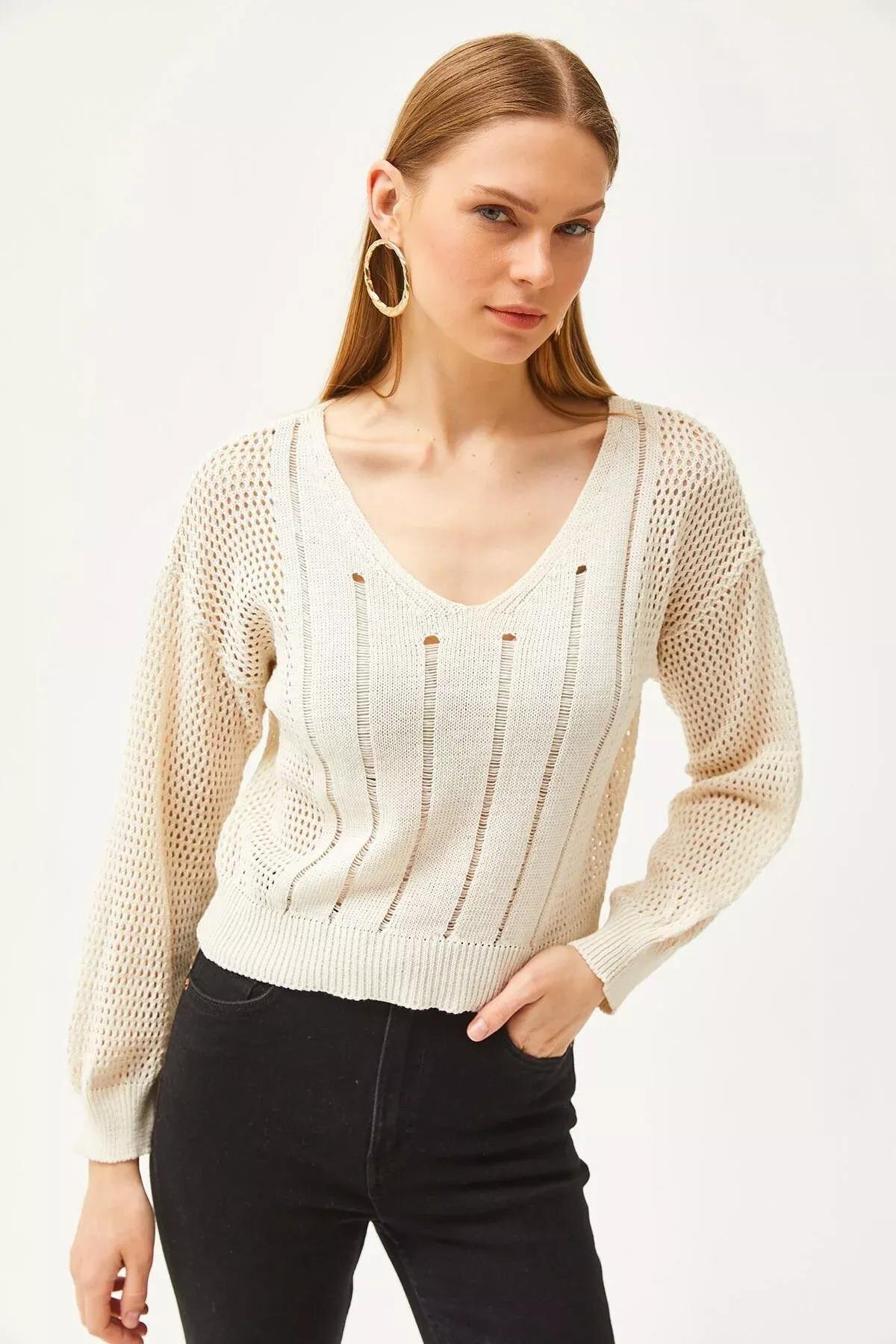 Ecru V-Neck Striped Openwork Knitwear Blouse, Ecru, large image number 1