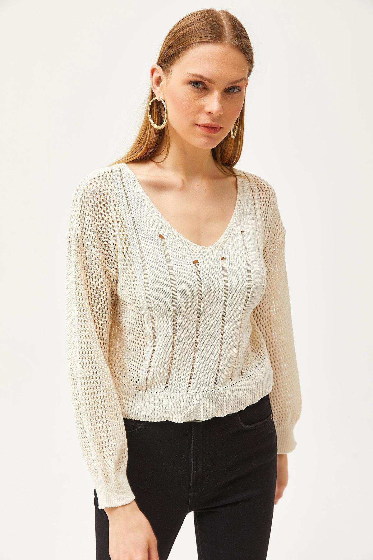 Ecru V-Neck Striped Openwork Knitwear Blouse, Ecru, large image number 2