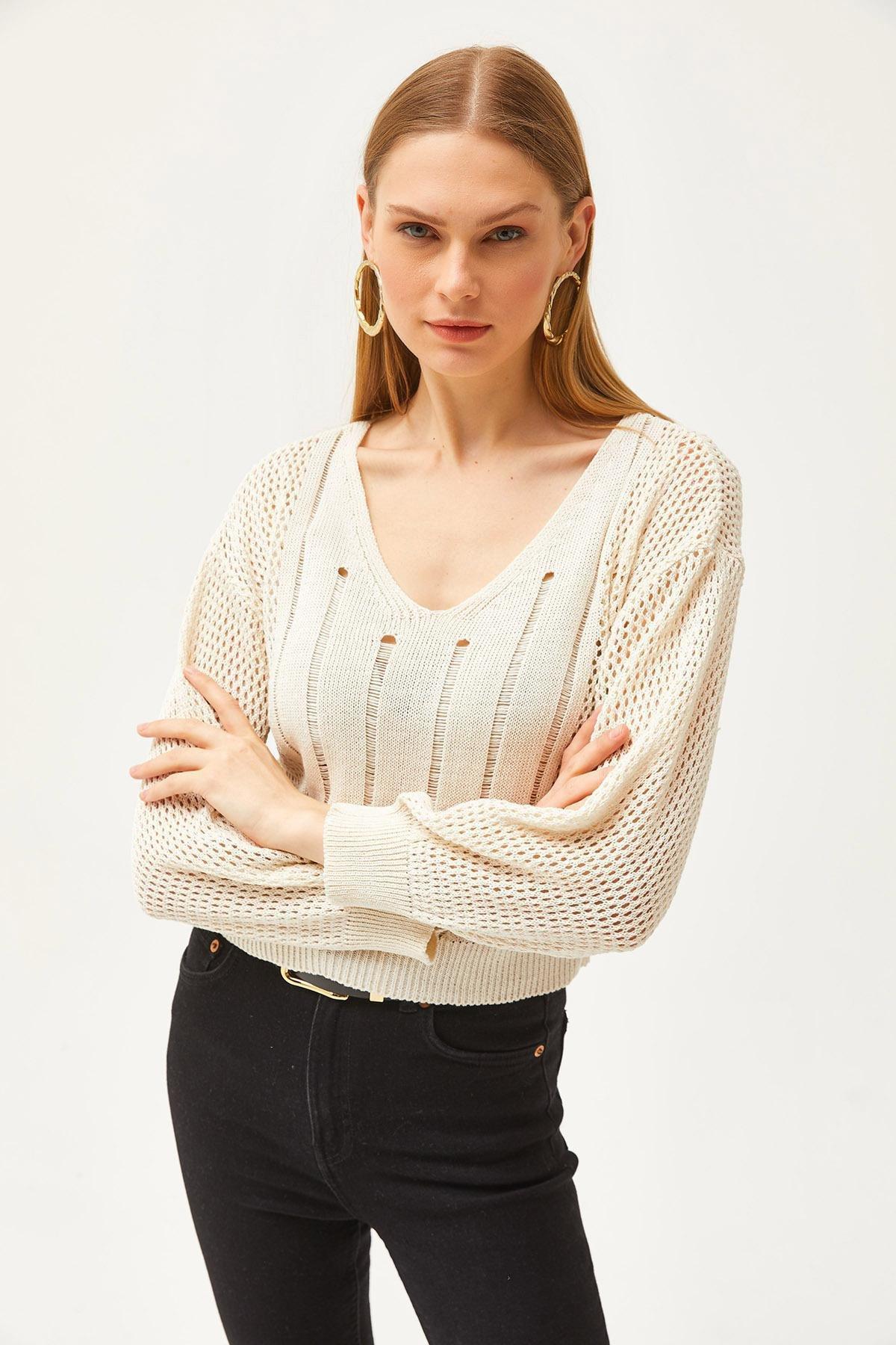 Ecru V-Neck Striped Openwork Knitwear Blouse, Ecru, large image number 3