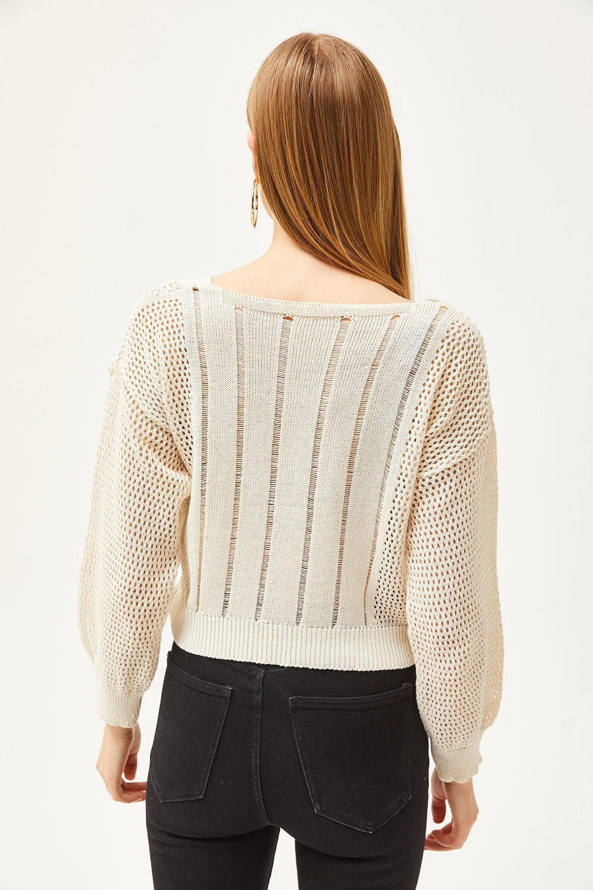 Ecru V-Neck Striped Openwork Knitwear Blouse, Ecru, large image number 4