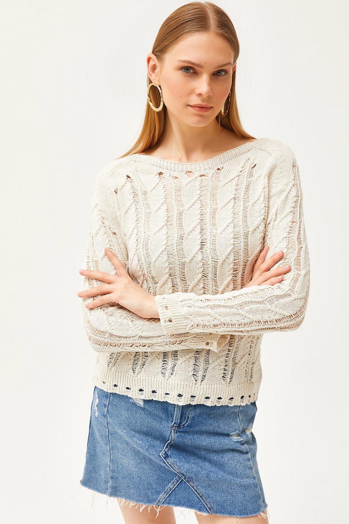 Ecru Knitted Detailed Knitwear Blouse, Ecru, large image number 0