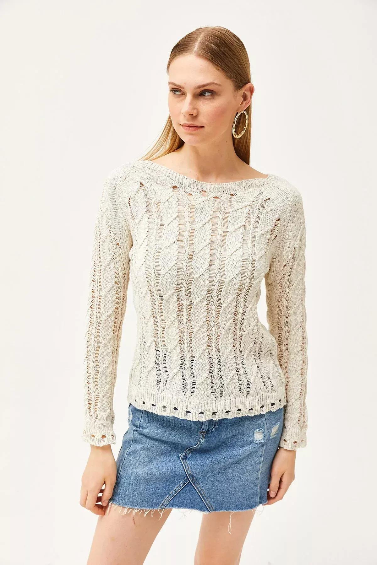 Ecru Knitted Detailed Knitwear Blouse, Ecru, large image number 1