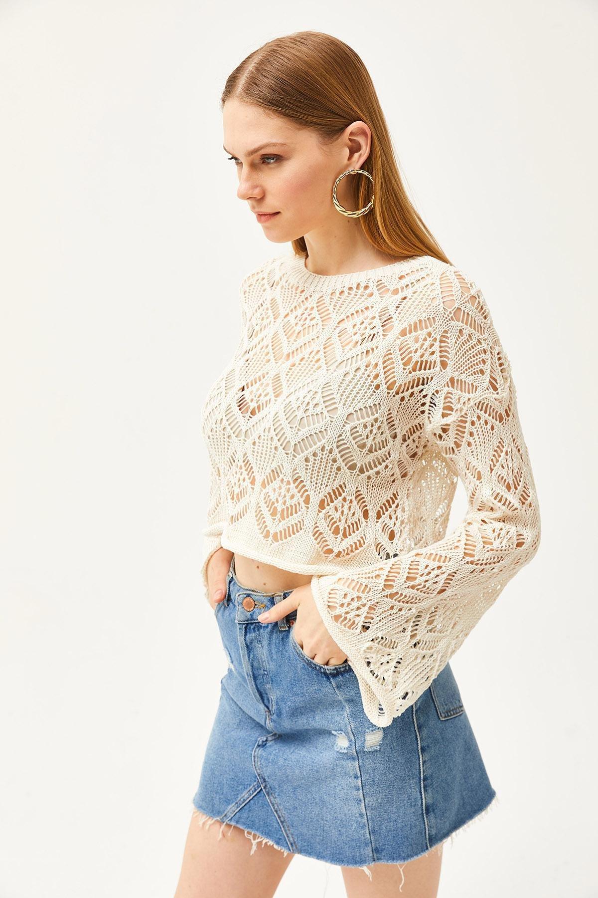 Ecru Crochet Casual Blouse, Ecru, large image number 3