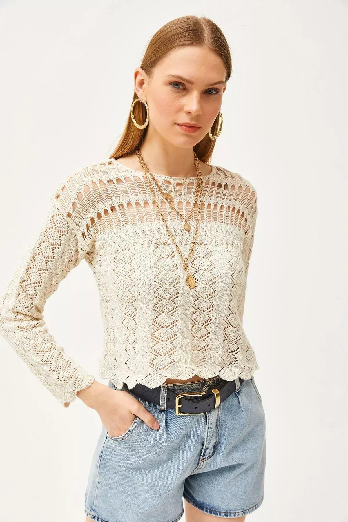 Ecru Crochet Casual Cropped Blouse, Ecru, large image number 1