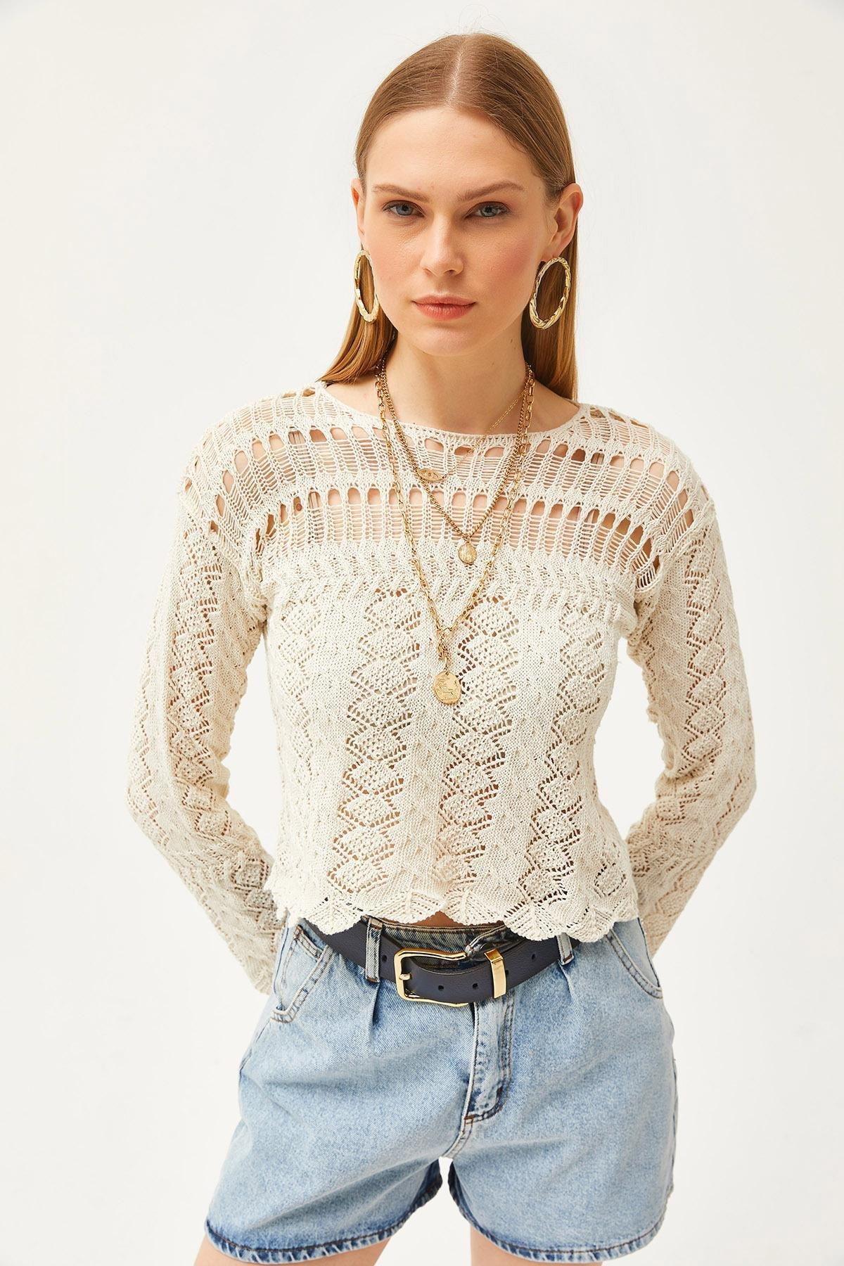 Ecru Crochet Casual Cropped Blouse, Ecru, large image number 2