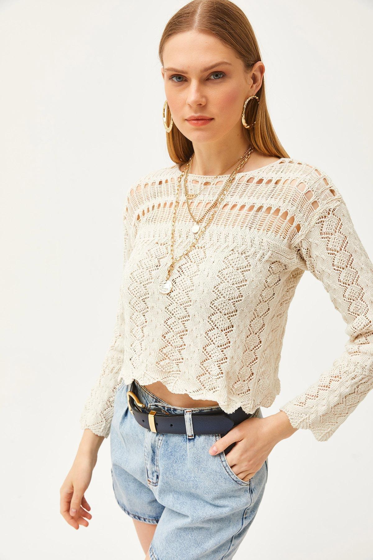 Ecru Crochet Casual Cropped Blouse, Ecru, large image number 3