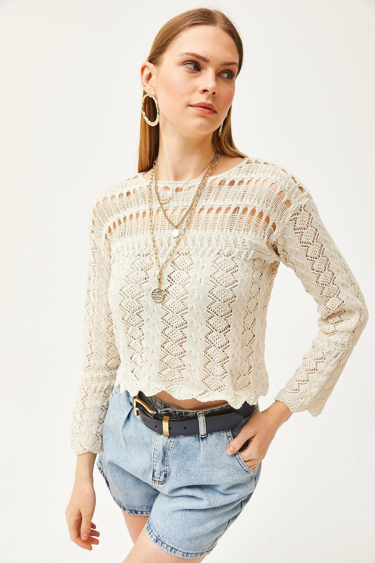 Ecru Crochet Casual Cropped Blouse, Ecru, large image number 4