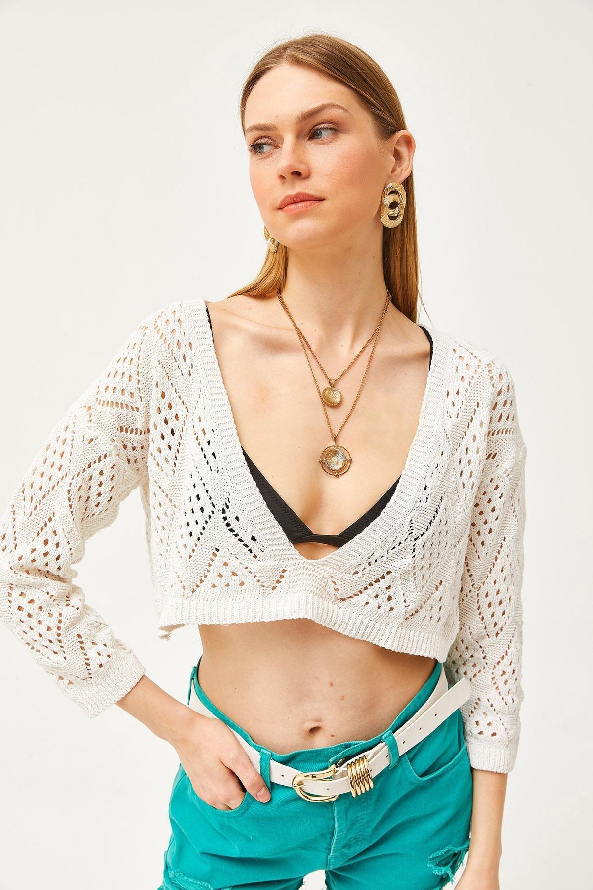 Womens Ecru Bottom Lace Detail Seasonal Knitwear Blouse BLZ-19002507, single, Ecru, large image number 2