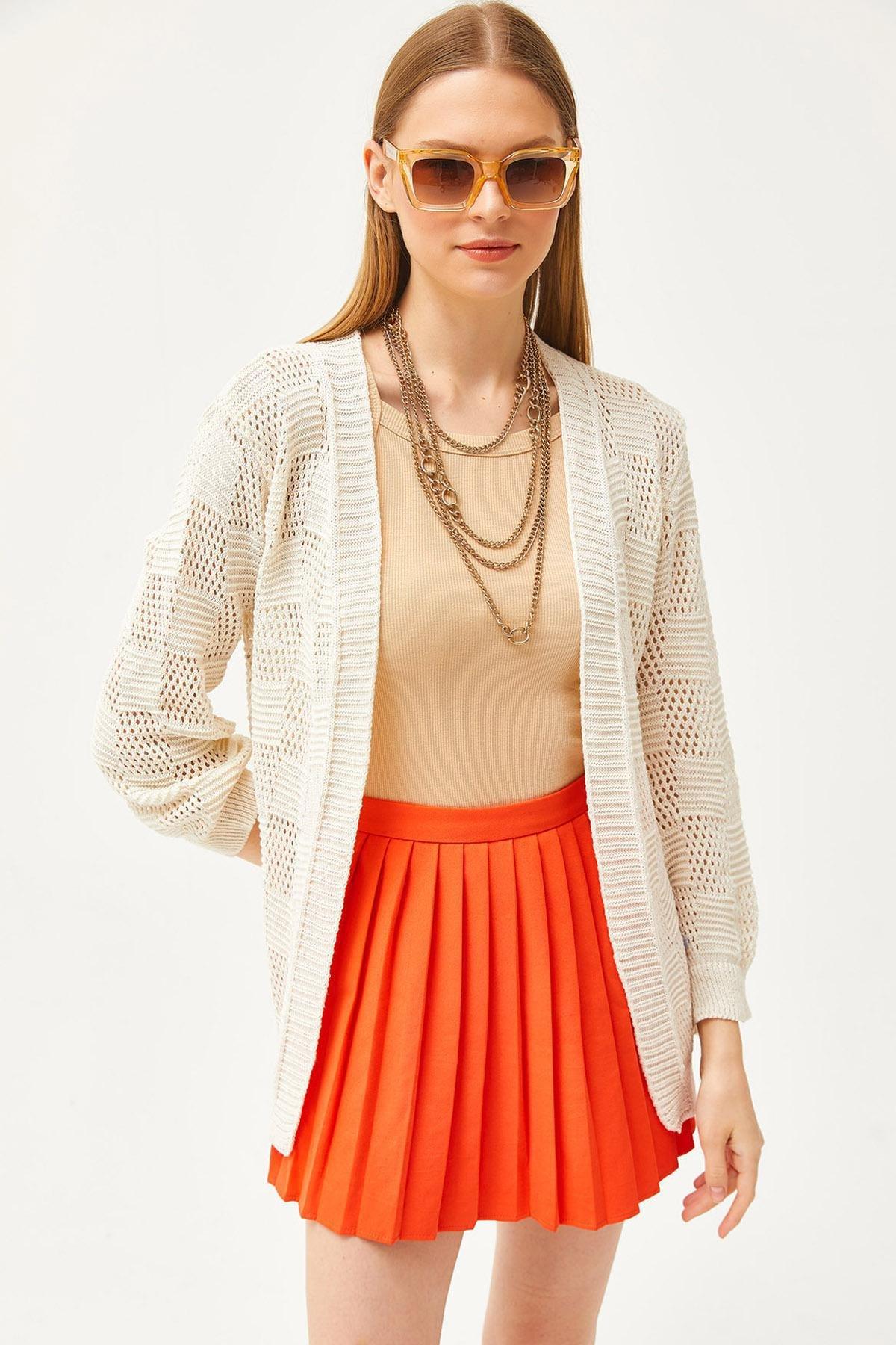 Ecru Checkered Patterned Openwork Knitwear Cardigan, Ecru, large image number 0