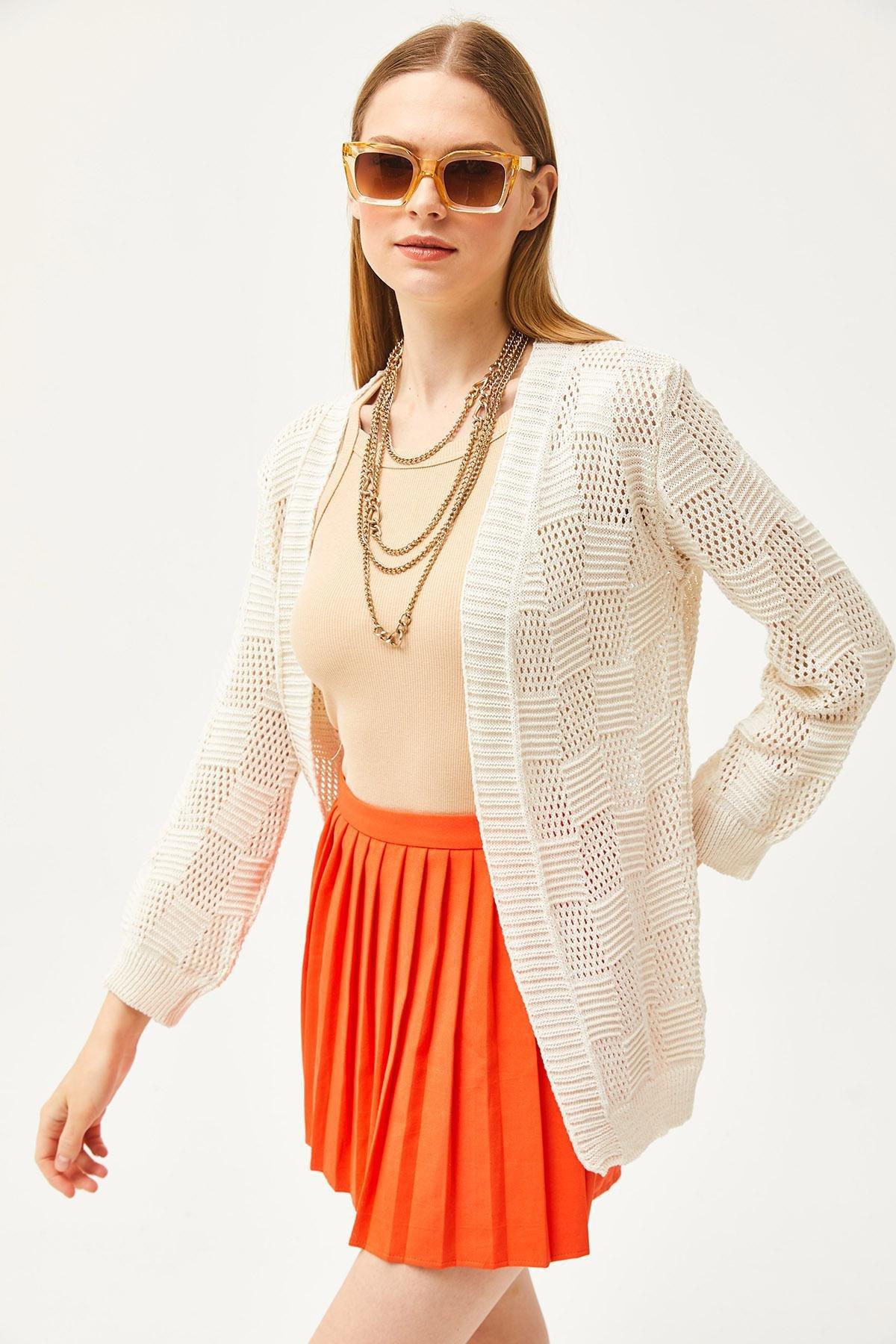 Ecru Checkered Patterned Openwork Knitwear Cardigan, Ecru, large image number 2