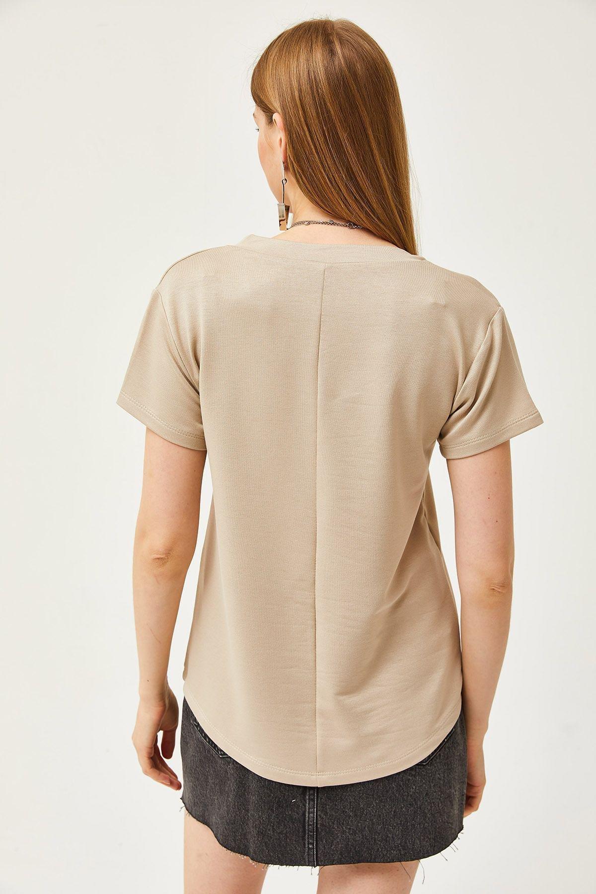 Beige V-Neck Button T-Shirt, , large image number 1