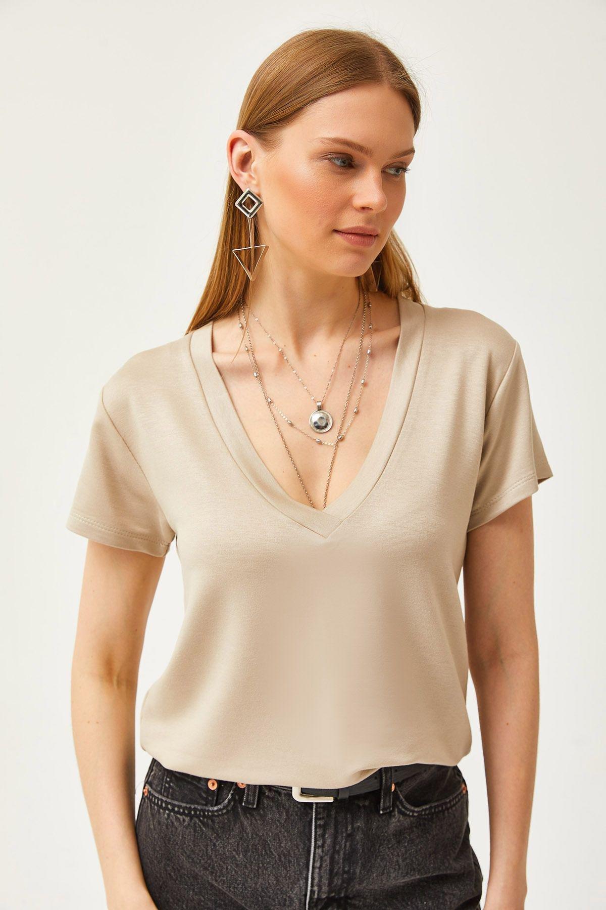 Beige V-Neck Button T-Shirt, , large image number 5