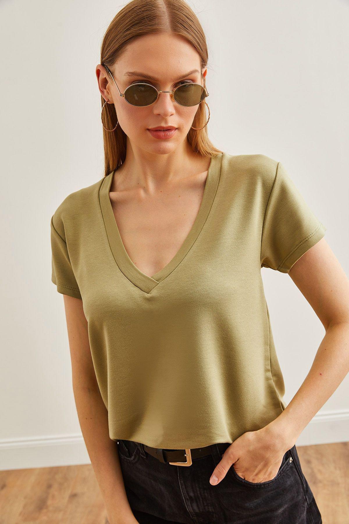 Green Deep V-Neck Modal T-Shirt, , large image number 2