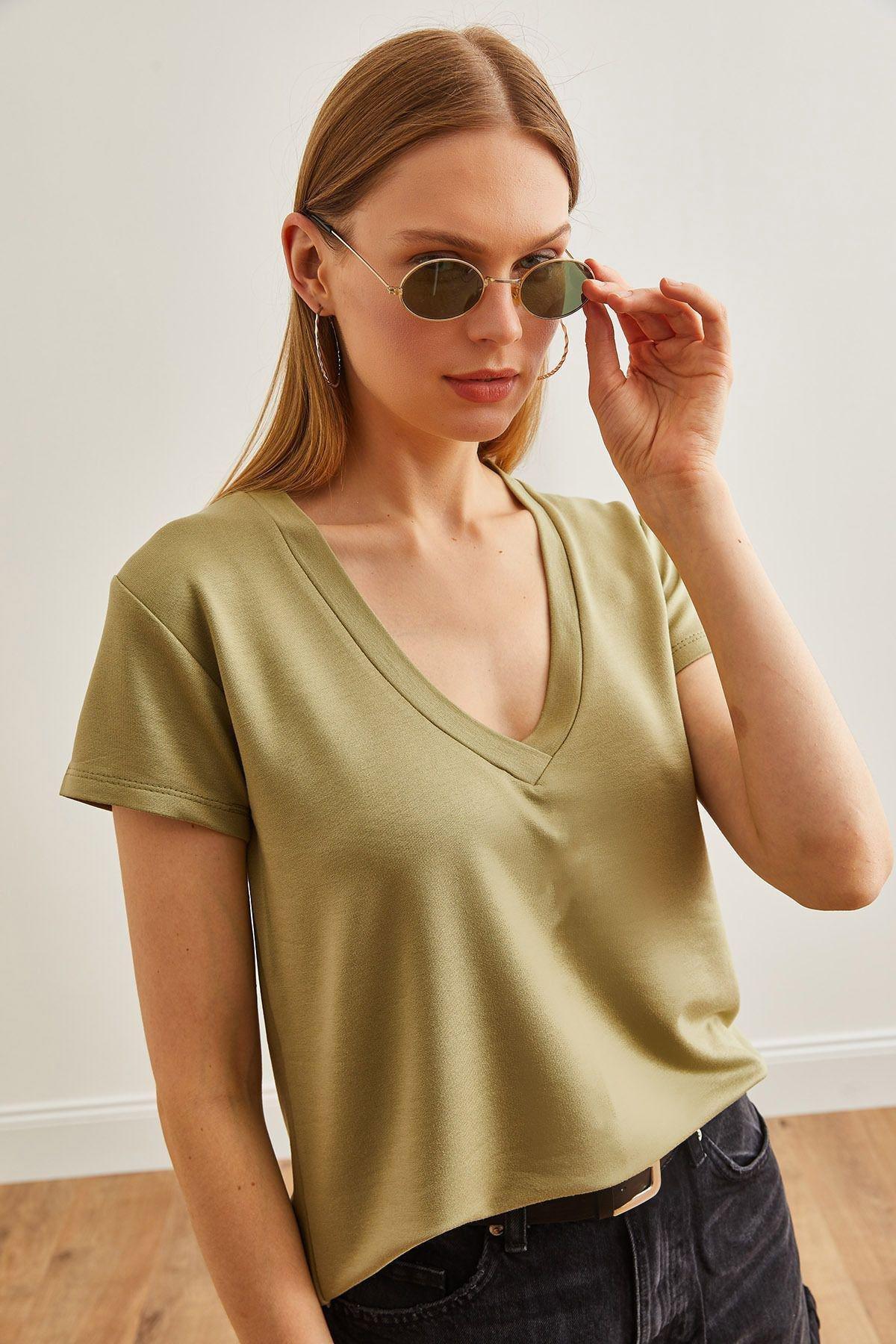 Green Deep V-Neck Modal T-Shirt, , large image number 3