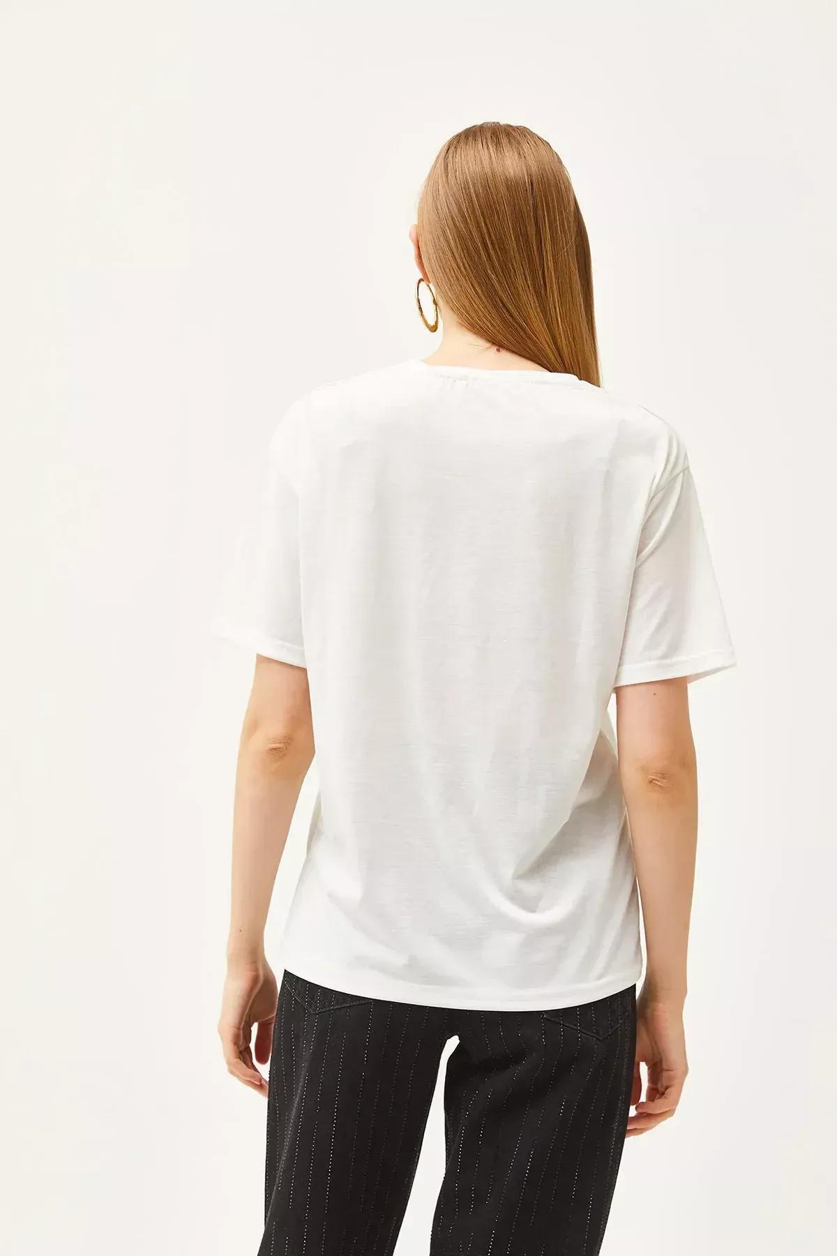 Ecru Detailed Flowy T-Shirt, Ecru, large image number 1