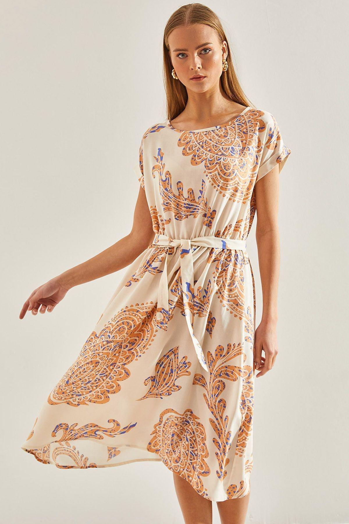 Beige Pattern Elastic Waist Dress, , large image number 0