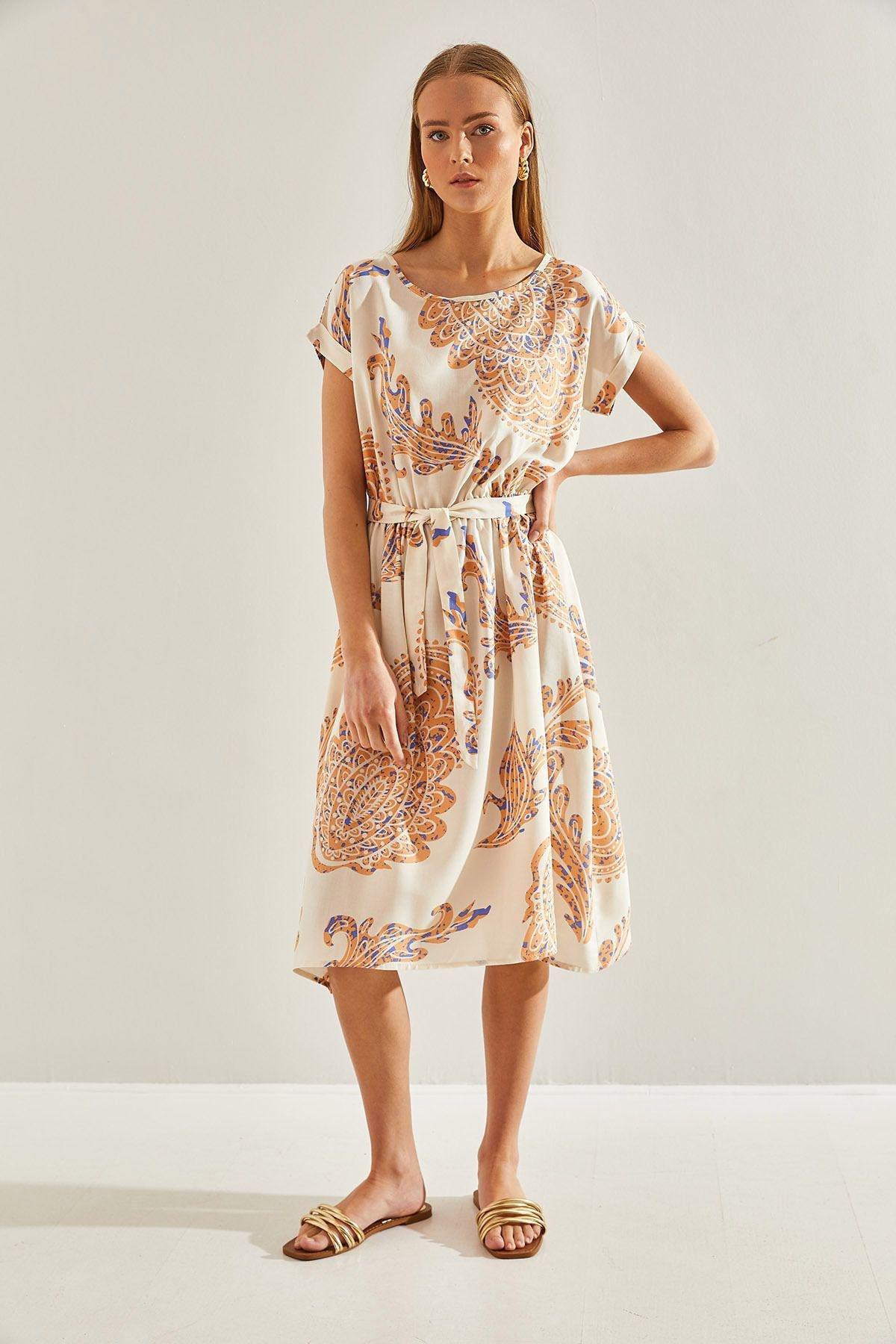 Beige Pattern Elastic Waist Dress, , large image number 1