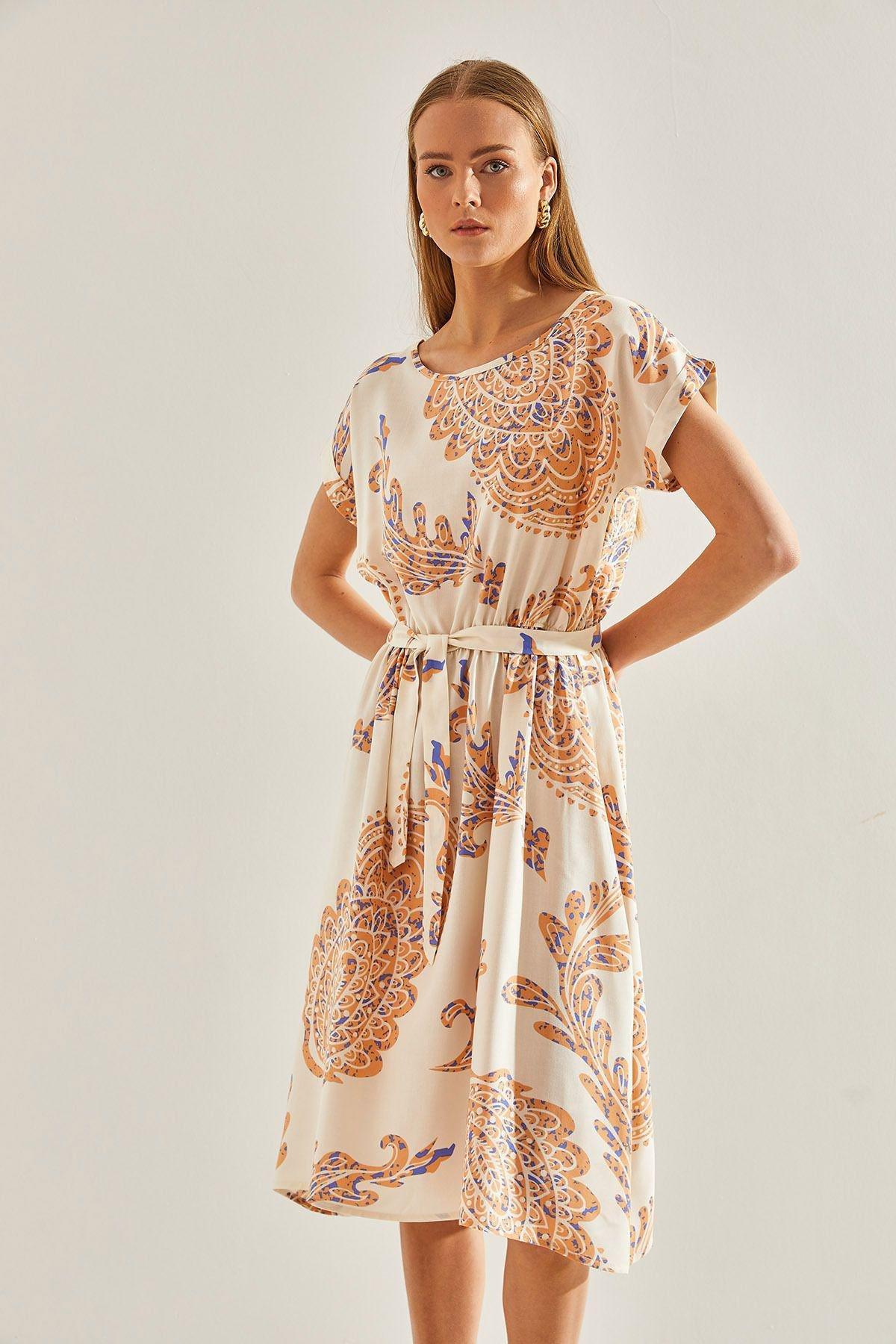 Beige Pattern Elastic Waist Dress, , large image number 2