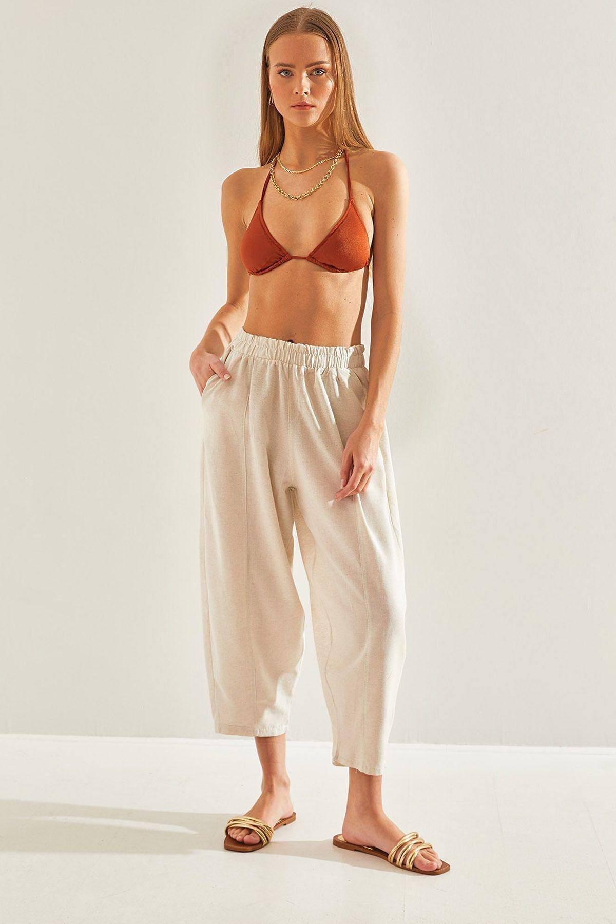 Beige Elastic Waist Pocket Linen Trousers, , large image number 0
