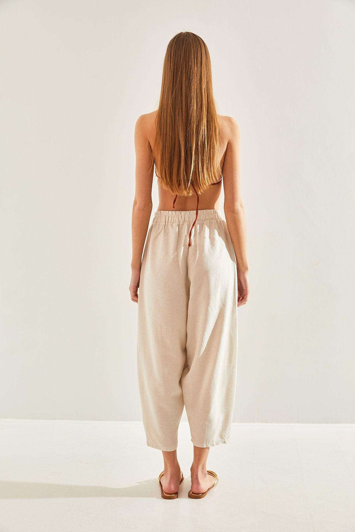 Beige Elastic Waist Pocket Linen Trousers, , large image number 1