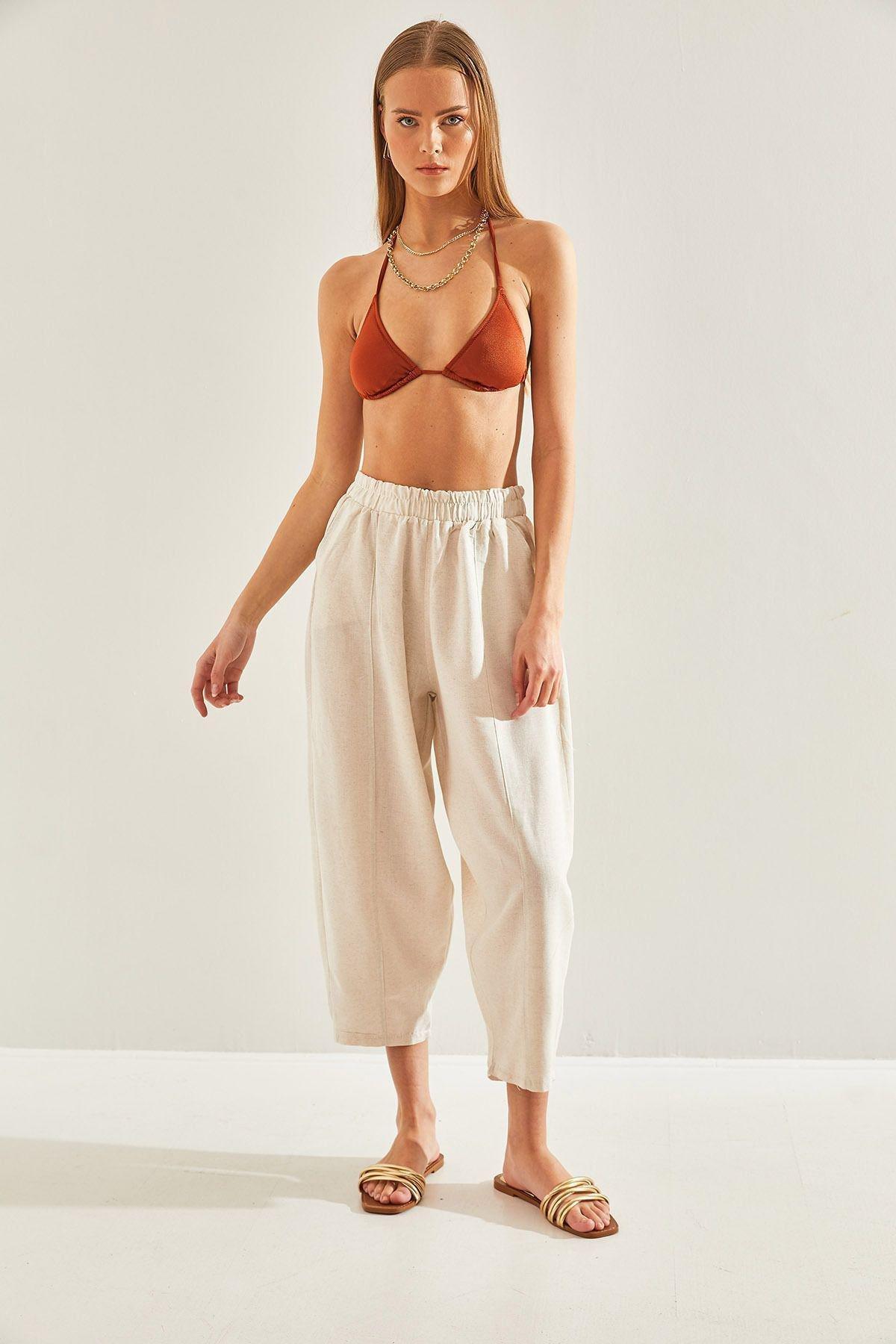 Beige Elastic Waist Pocket Linen Trousers, , large image number 2